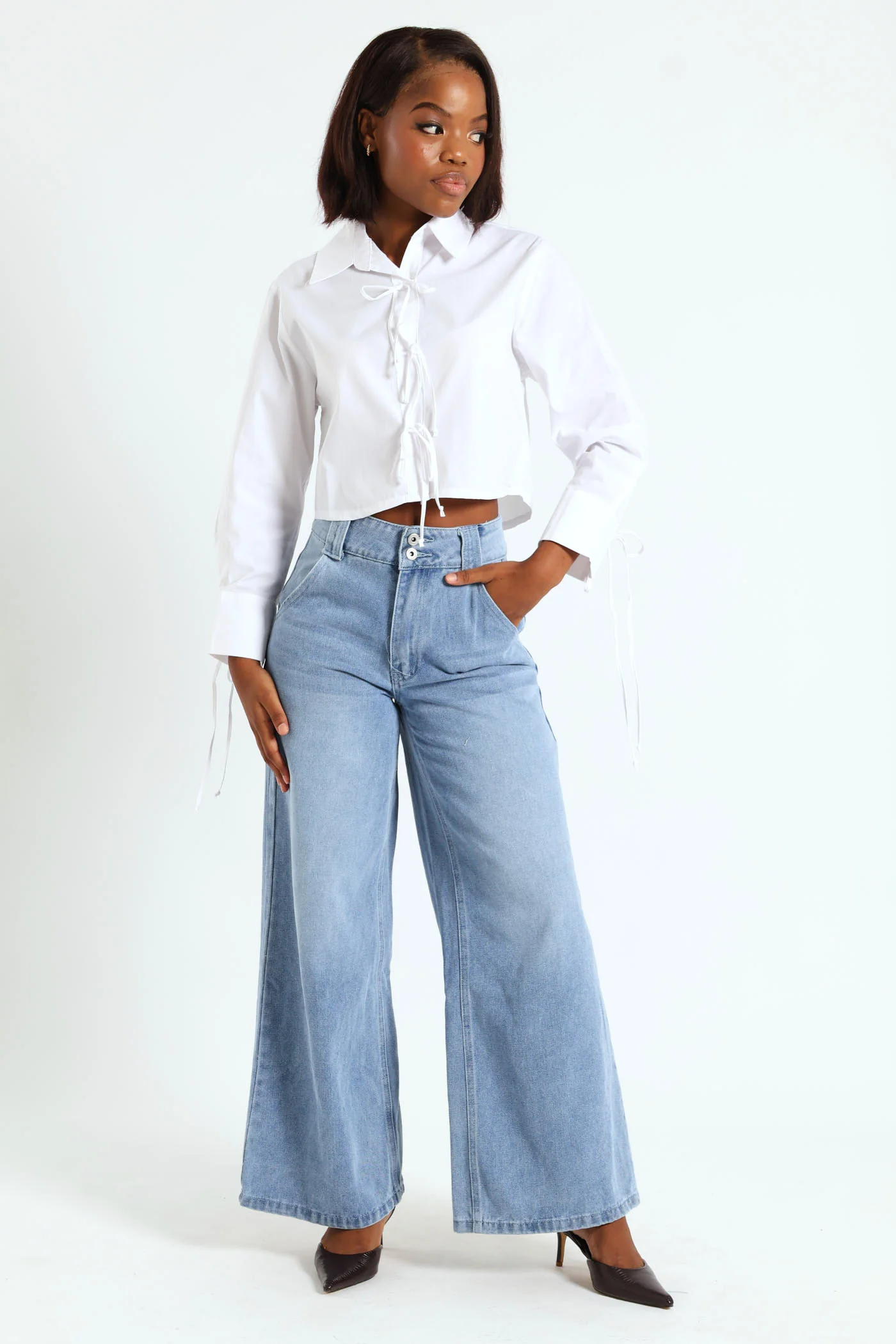 Wide Waistband Wide Leg Jean - Light Wash