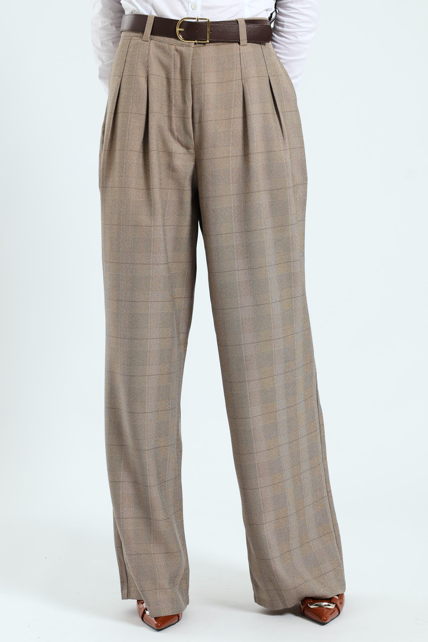 Wideleg Belted Check Pants - Check