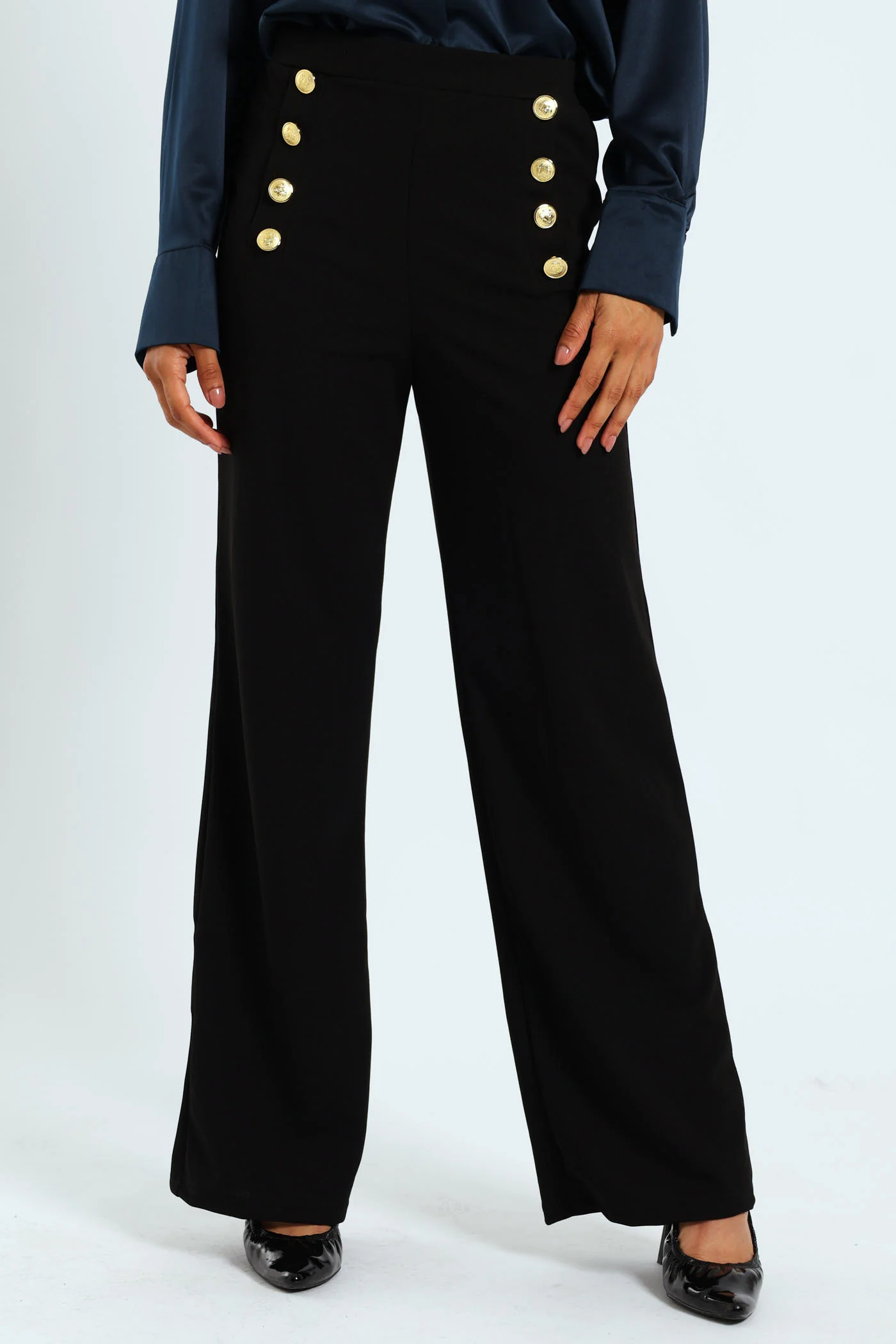 Wideleg Button Detail Pants - Black