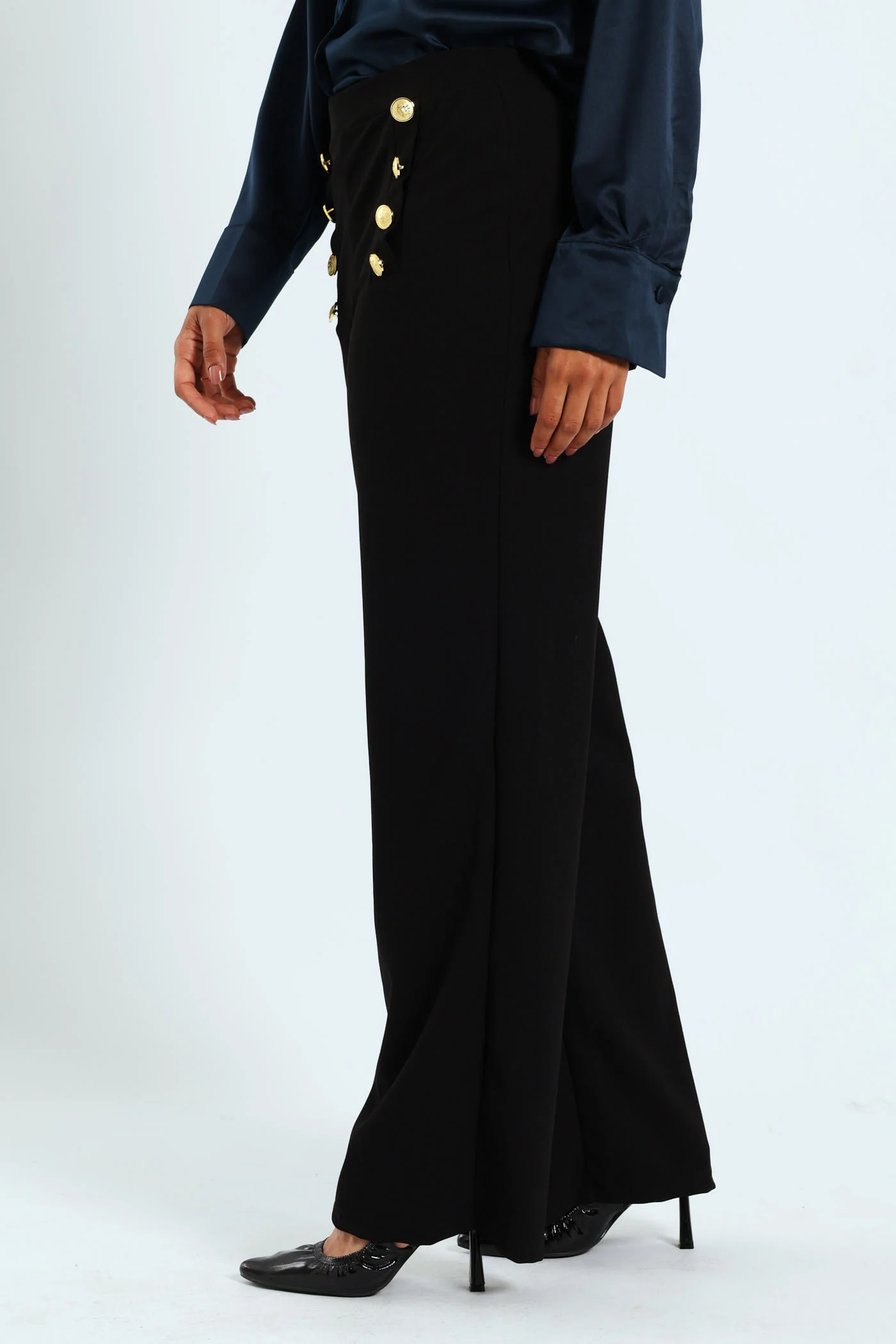 Wideleg Button Detail Pants - Black - Image 2