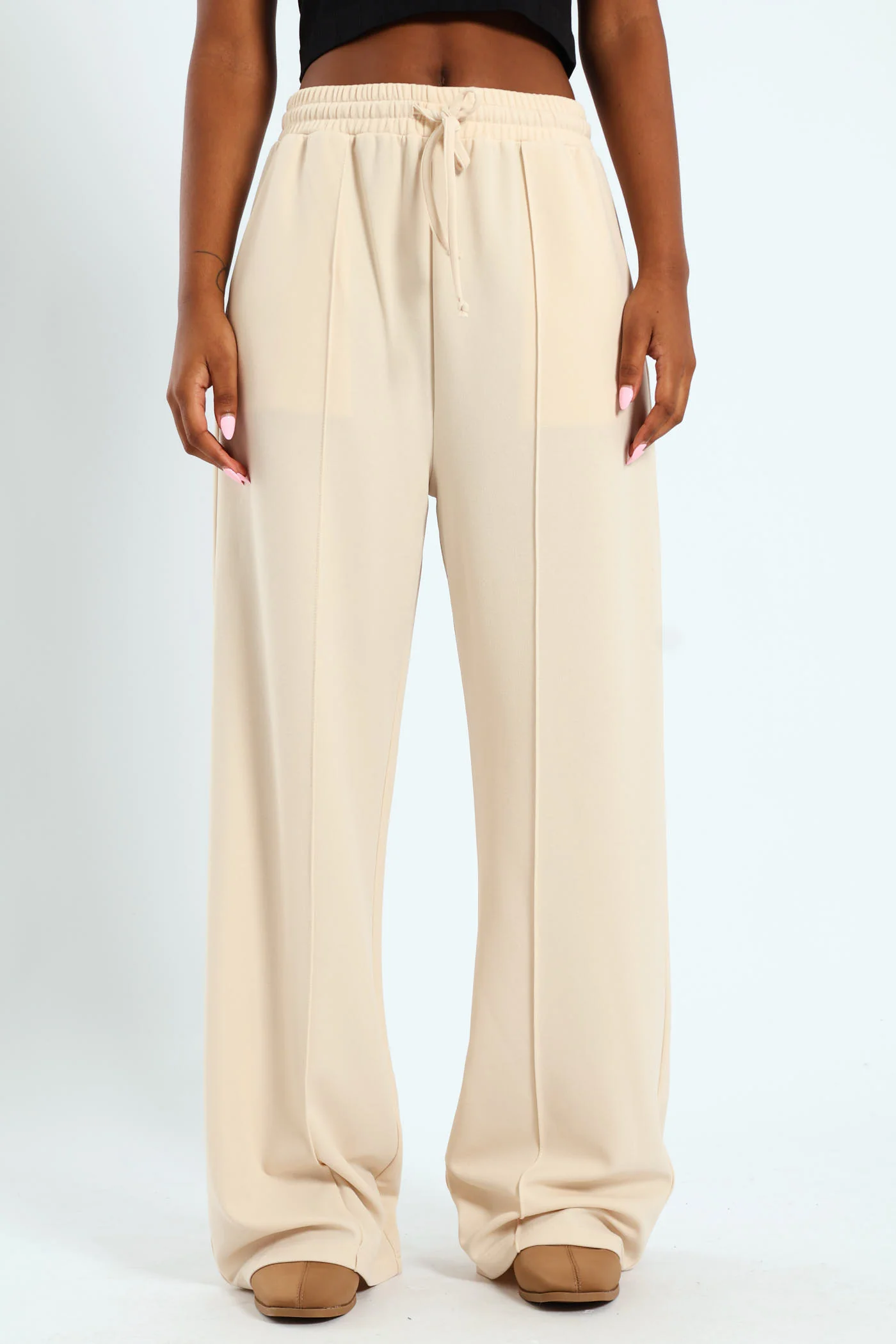 Wideleg Elasticated Front Seam Pants - Oatmeal