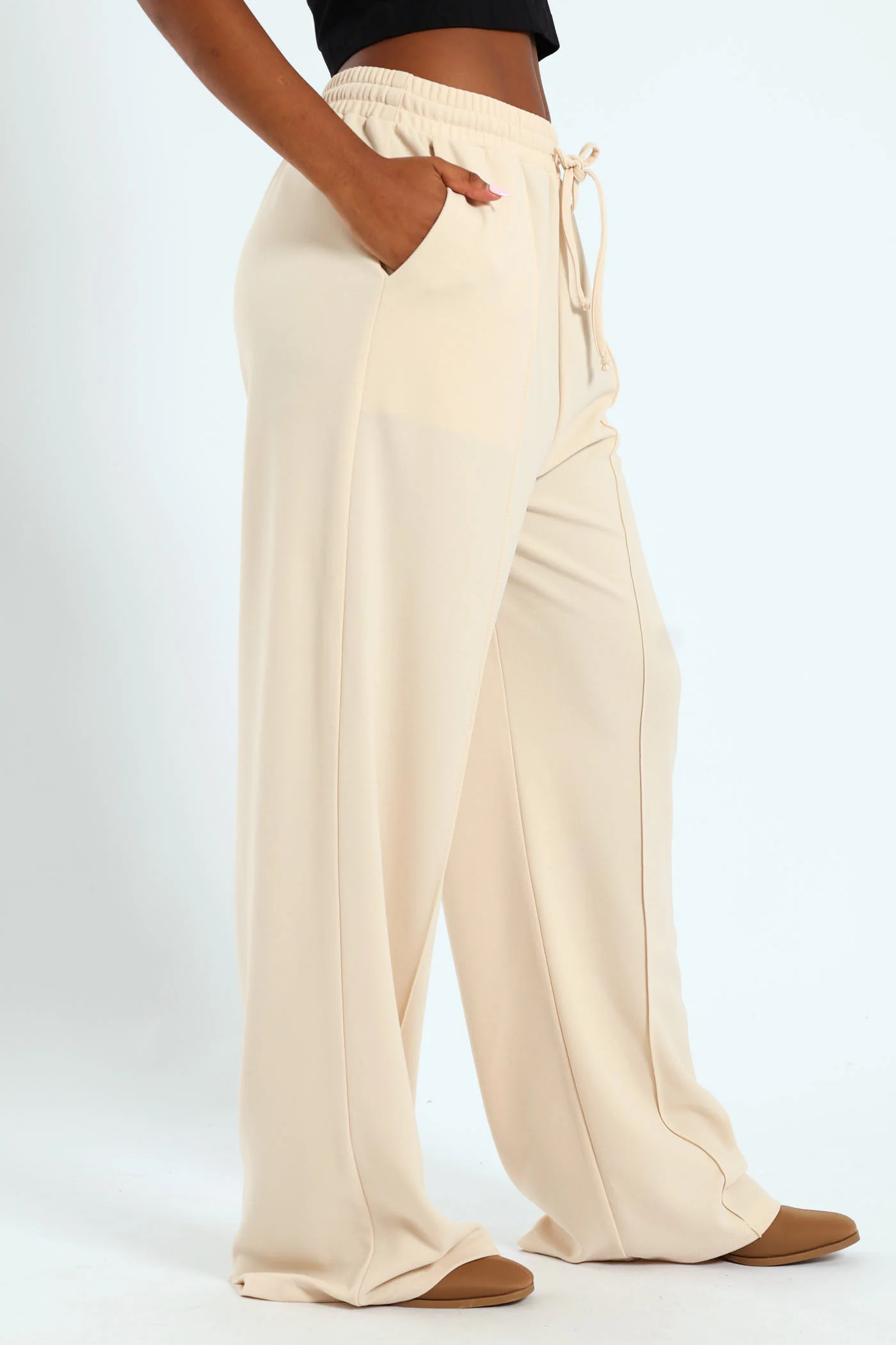 Wideleg Elasticated Front Seam Pants - Oatmeal - Image 3