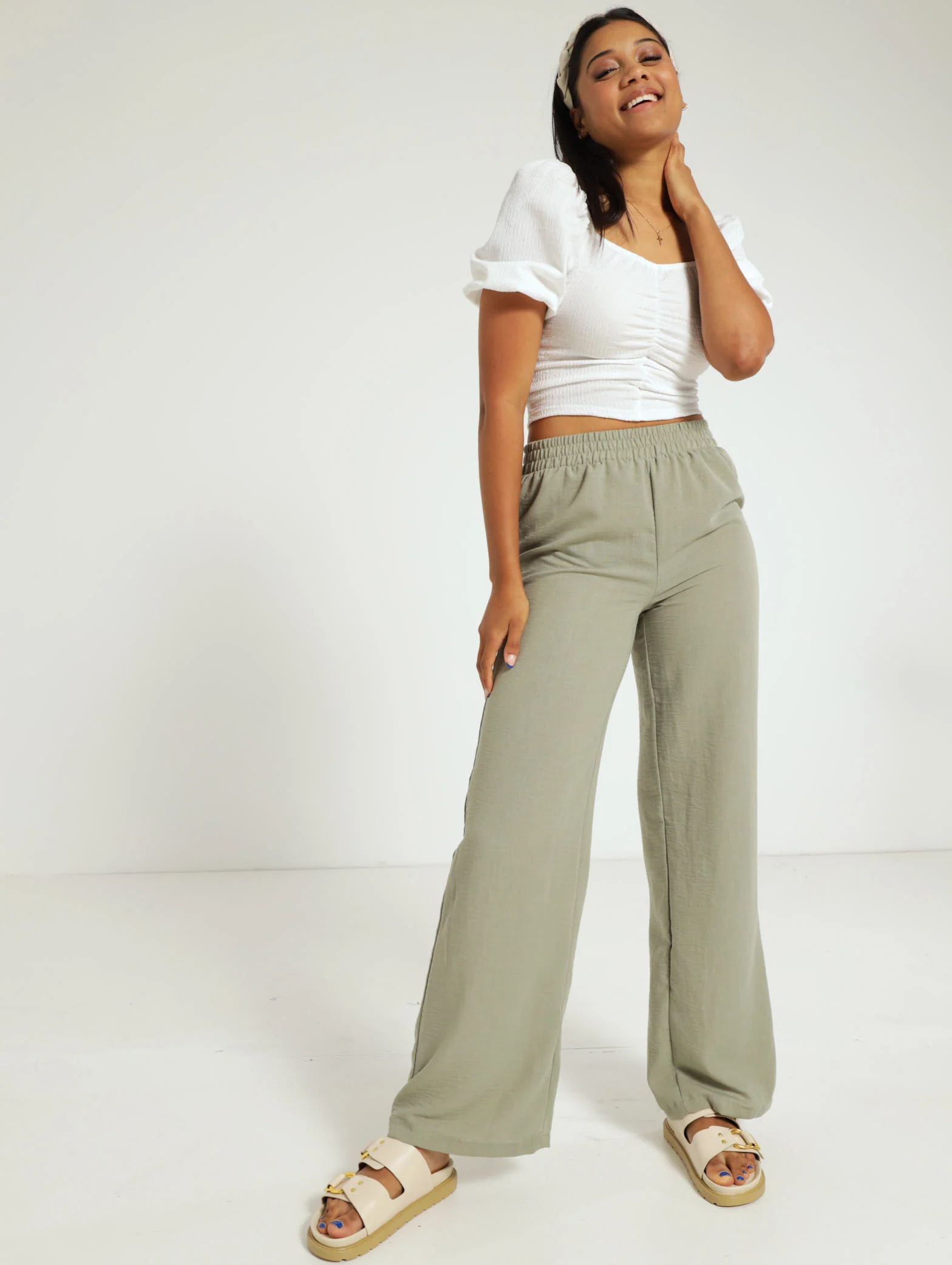 Wideleg Elasticated Slub Pant - Image 2