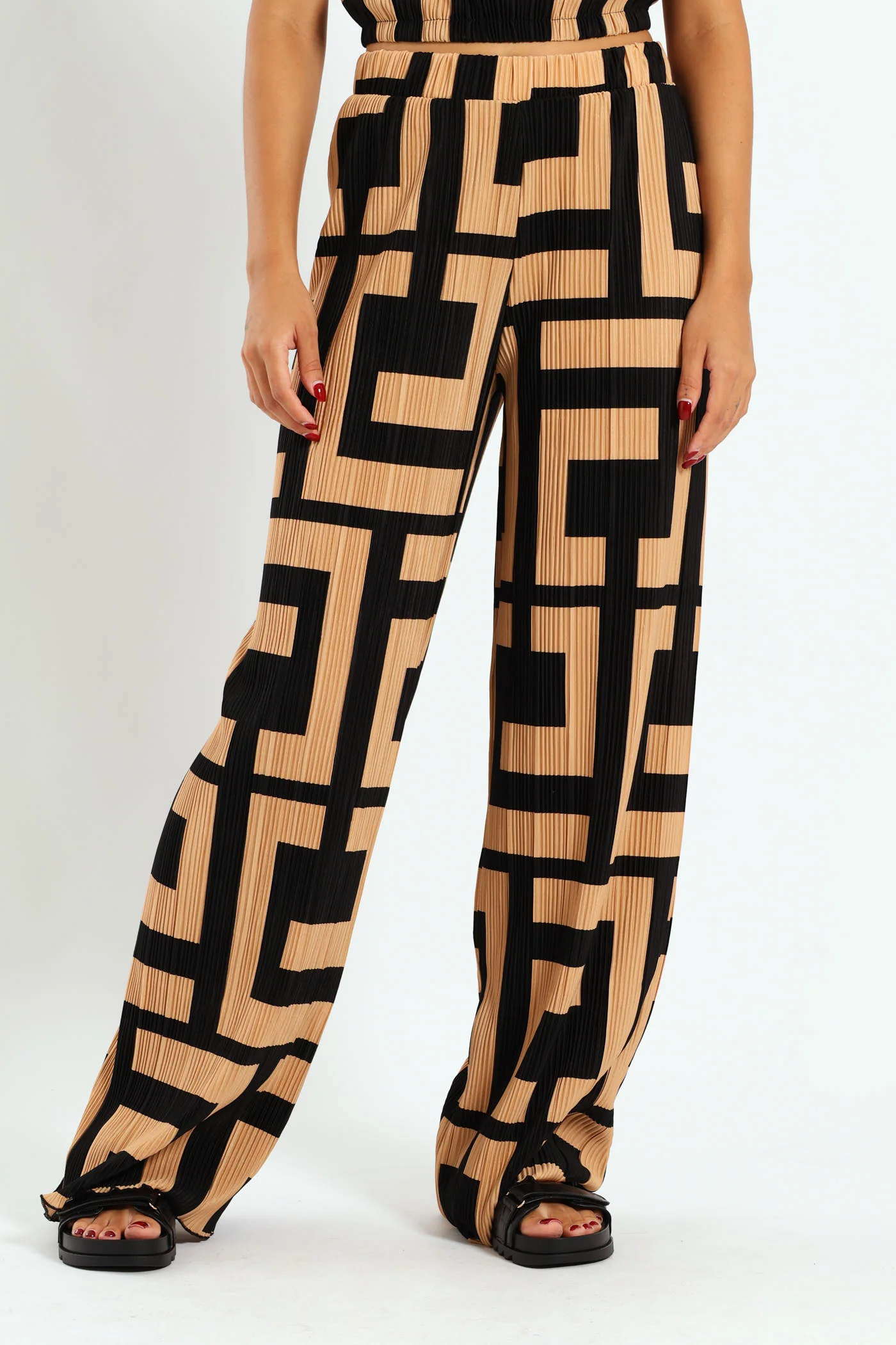 Wideleg Geometric Bodre Pants - Black/Tan