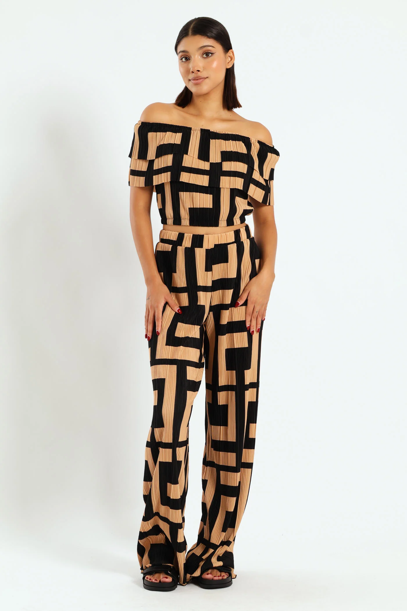 Wideleg Geometric Bodre Pants - Black/Tan - Image 2
