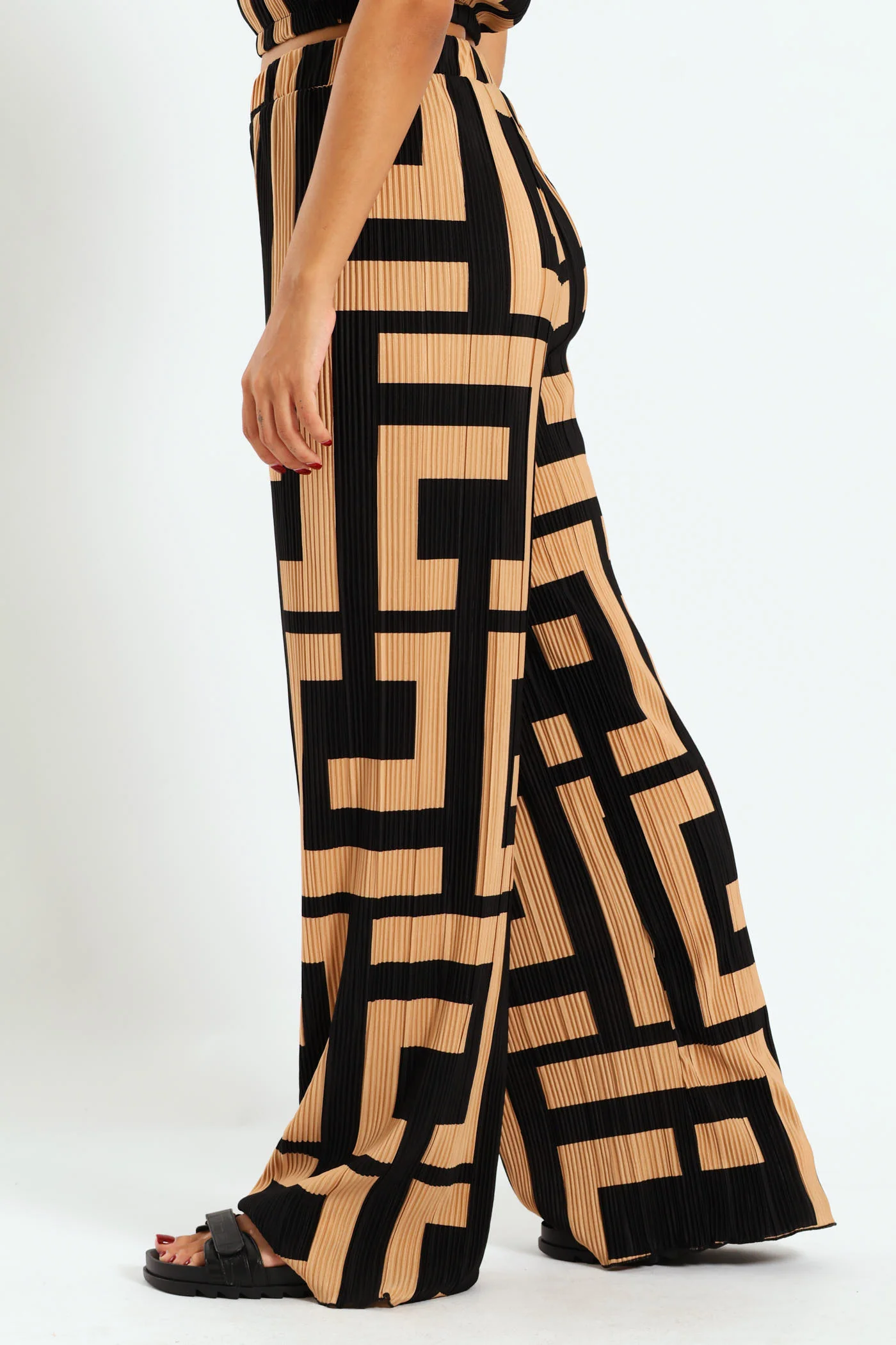 Wideleg Geometric Bodre Pants - Black/Tan - Image 4