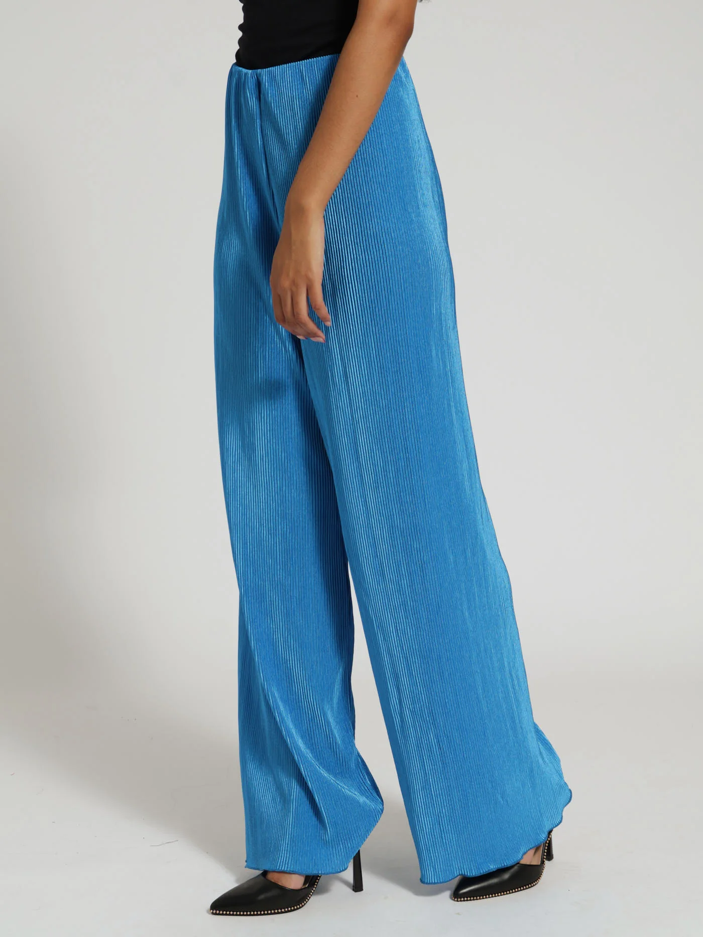 Wideleg Lettuce Hem Bodre Pants - Blue - Image 2