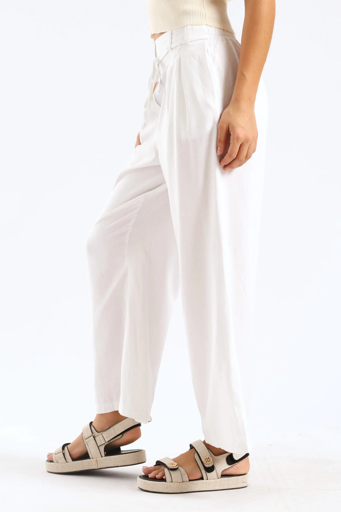 Wideleg Linen Look Culotte Pants With Tie Belt - White - Image 3
