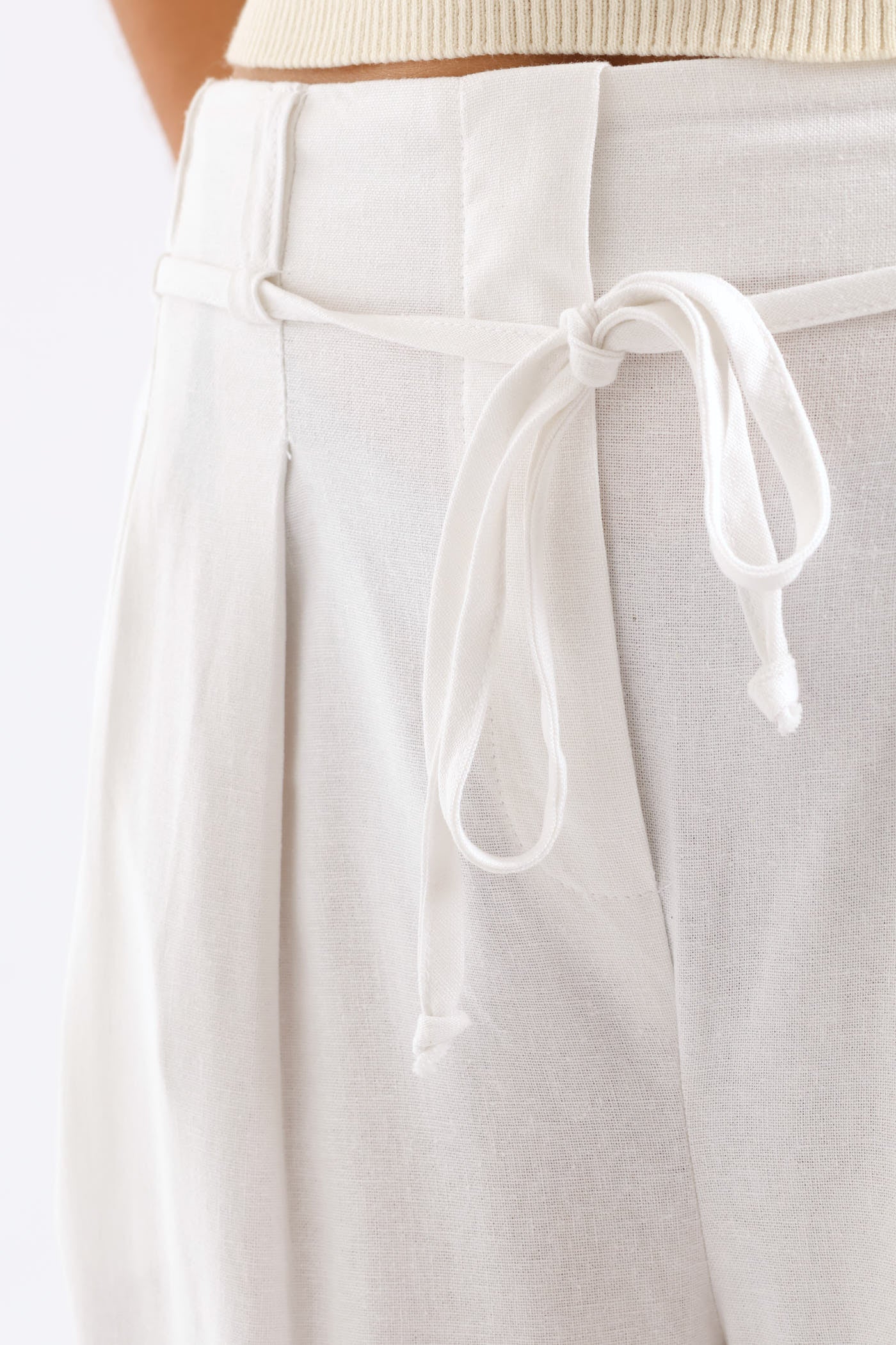 Wideleg Linen Look Culotte Pants With Tie Belt - White - Image 5