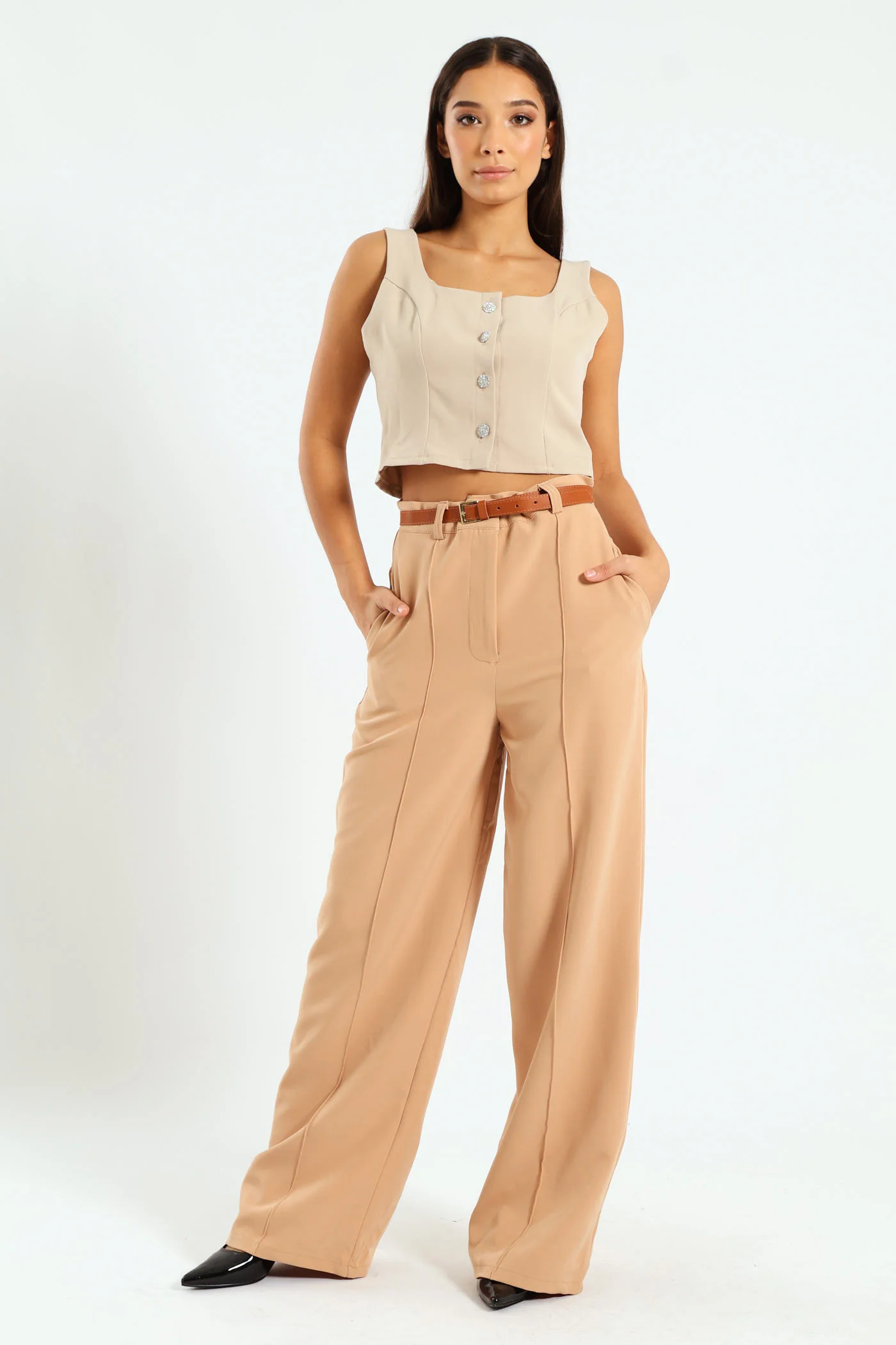 Wideleg Pants With Belt - Beige