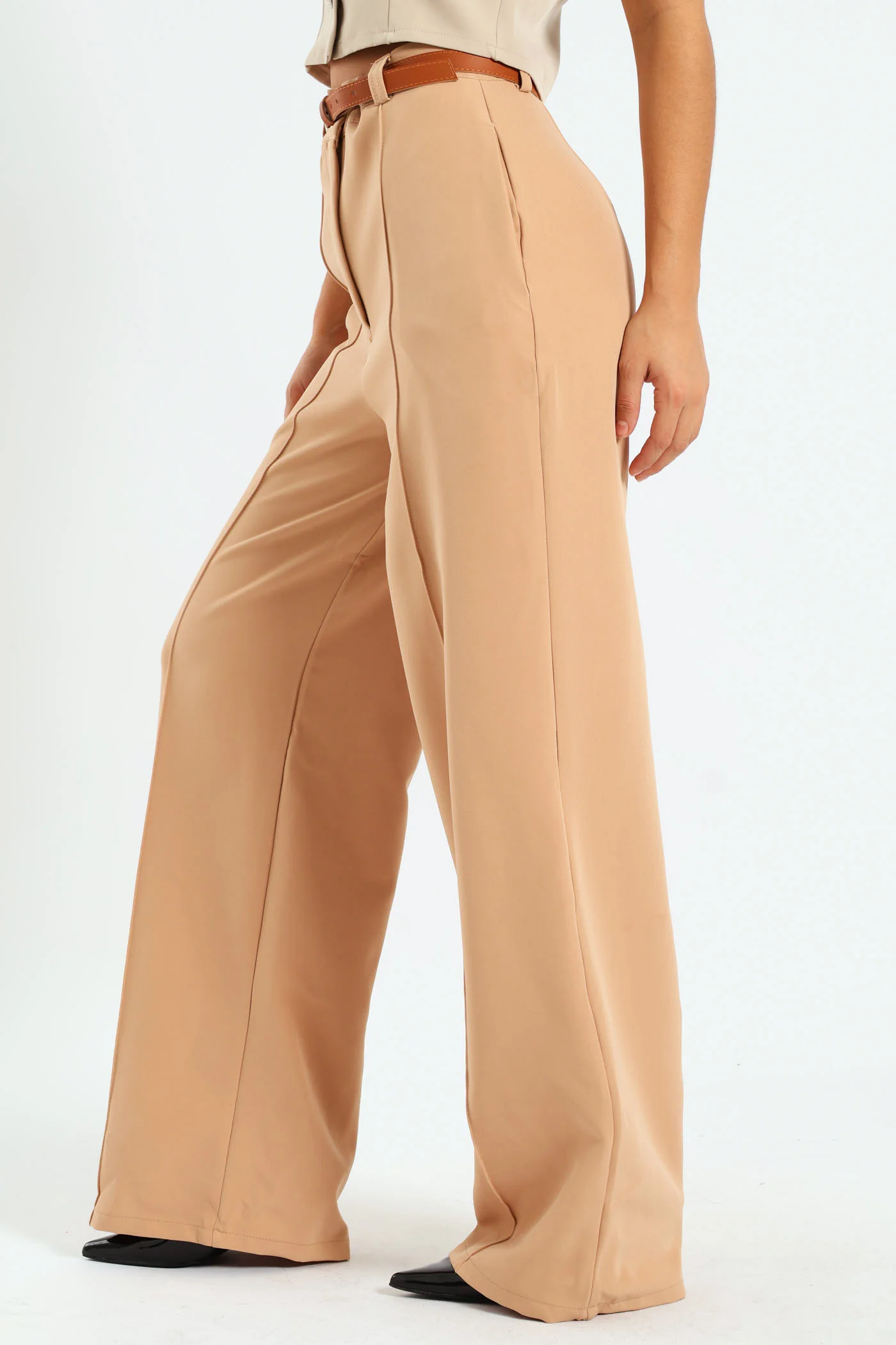 Wideleg Pants With Belt - Beige - Image 4