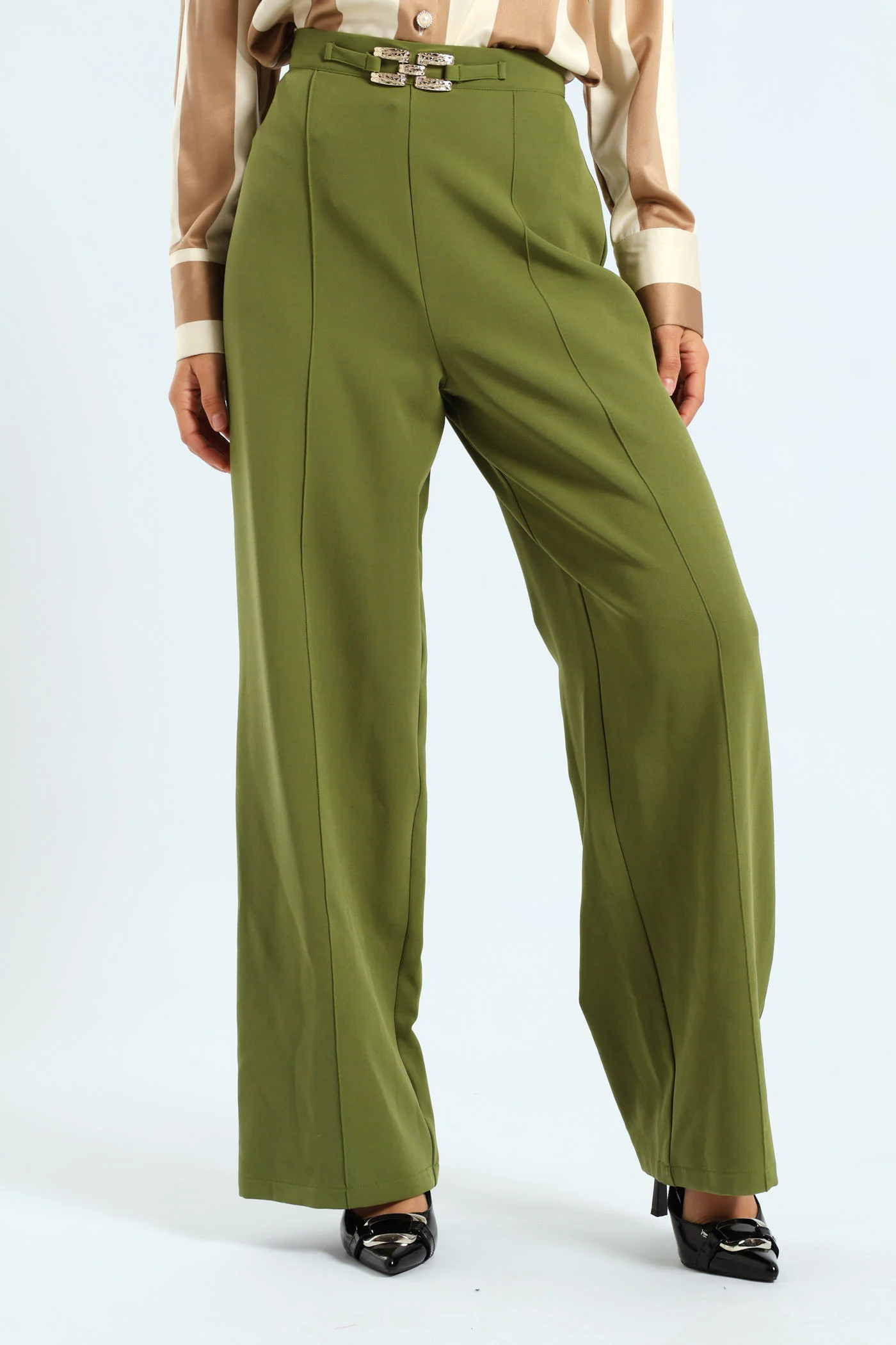 Wideleg Pants With Buckle Trim - Fatigue