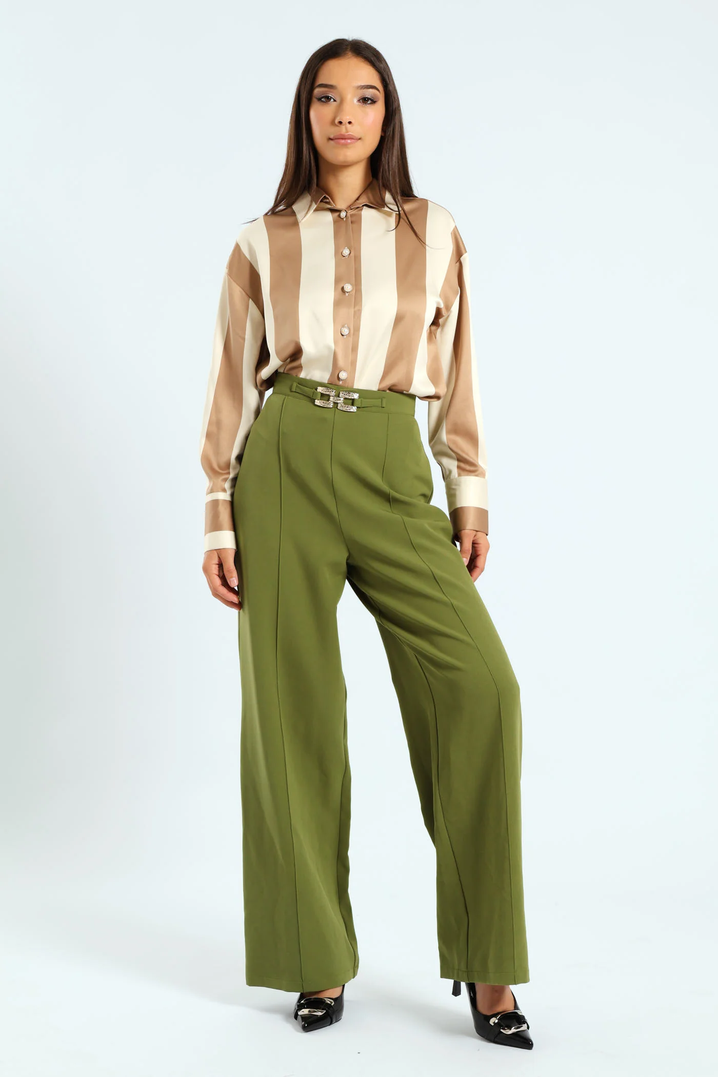 Wideleg Pants With Buckle Trim - Fatigue - Image 2