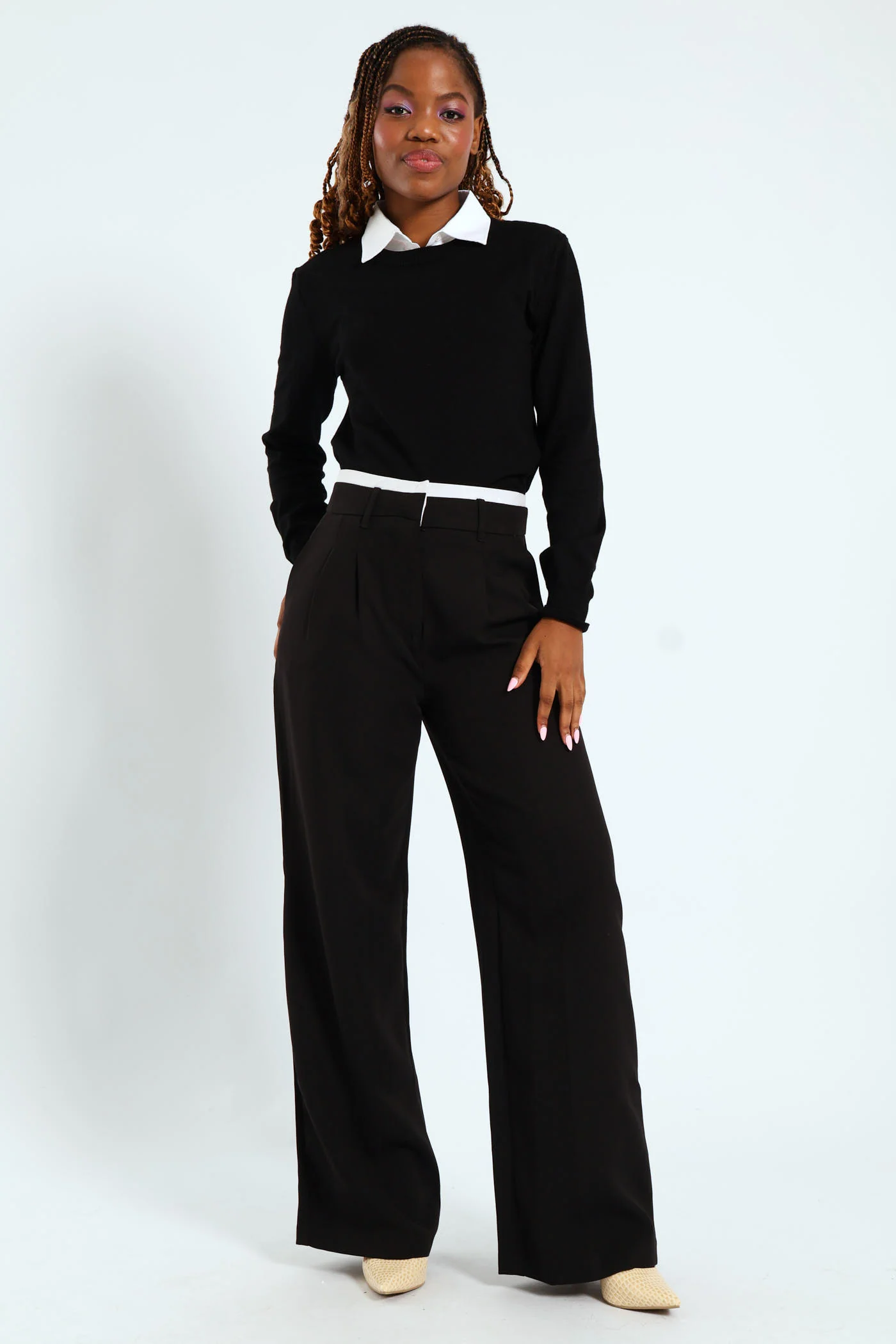 Wideleg Pants With Contrast Band - Black/White - Image 2