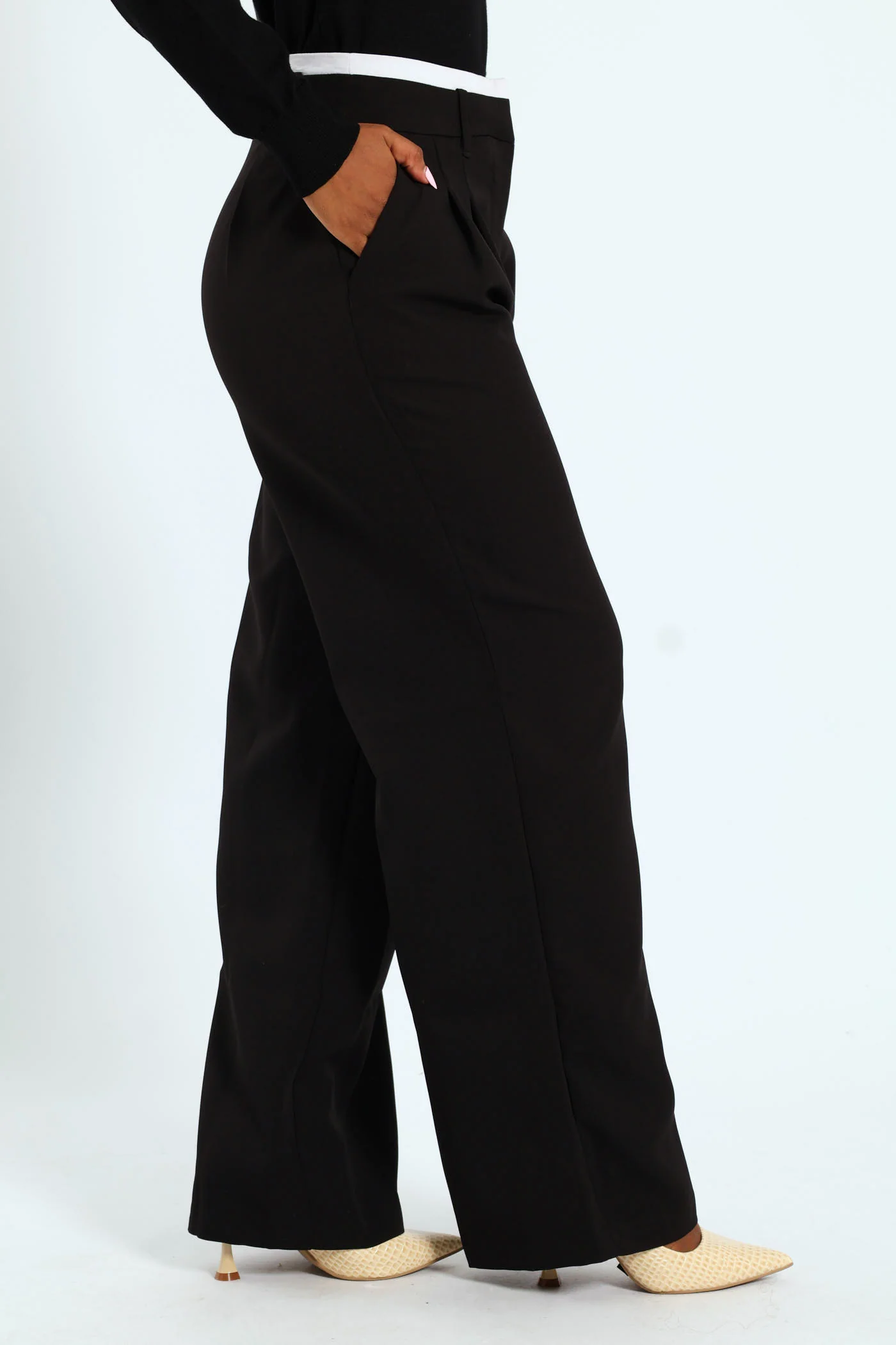 Wideleg Pants With Contrast Band - Black/White - Image 5