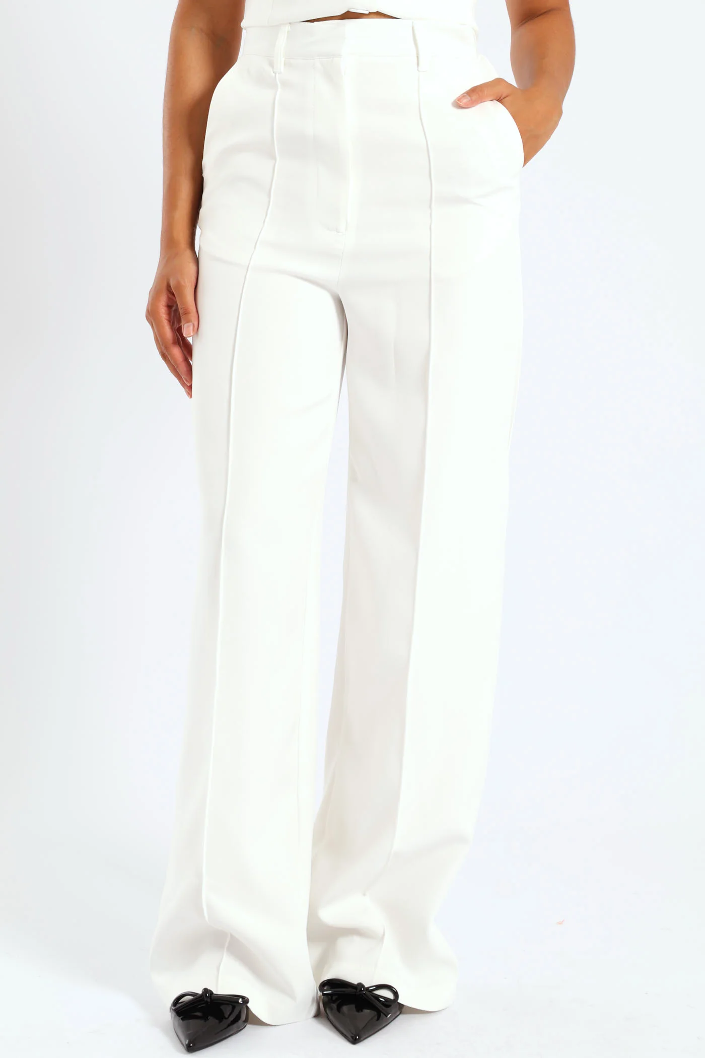 Wideleg Pants With Pintuck Detail - White