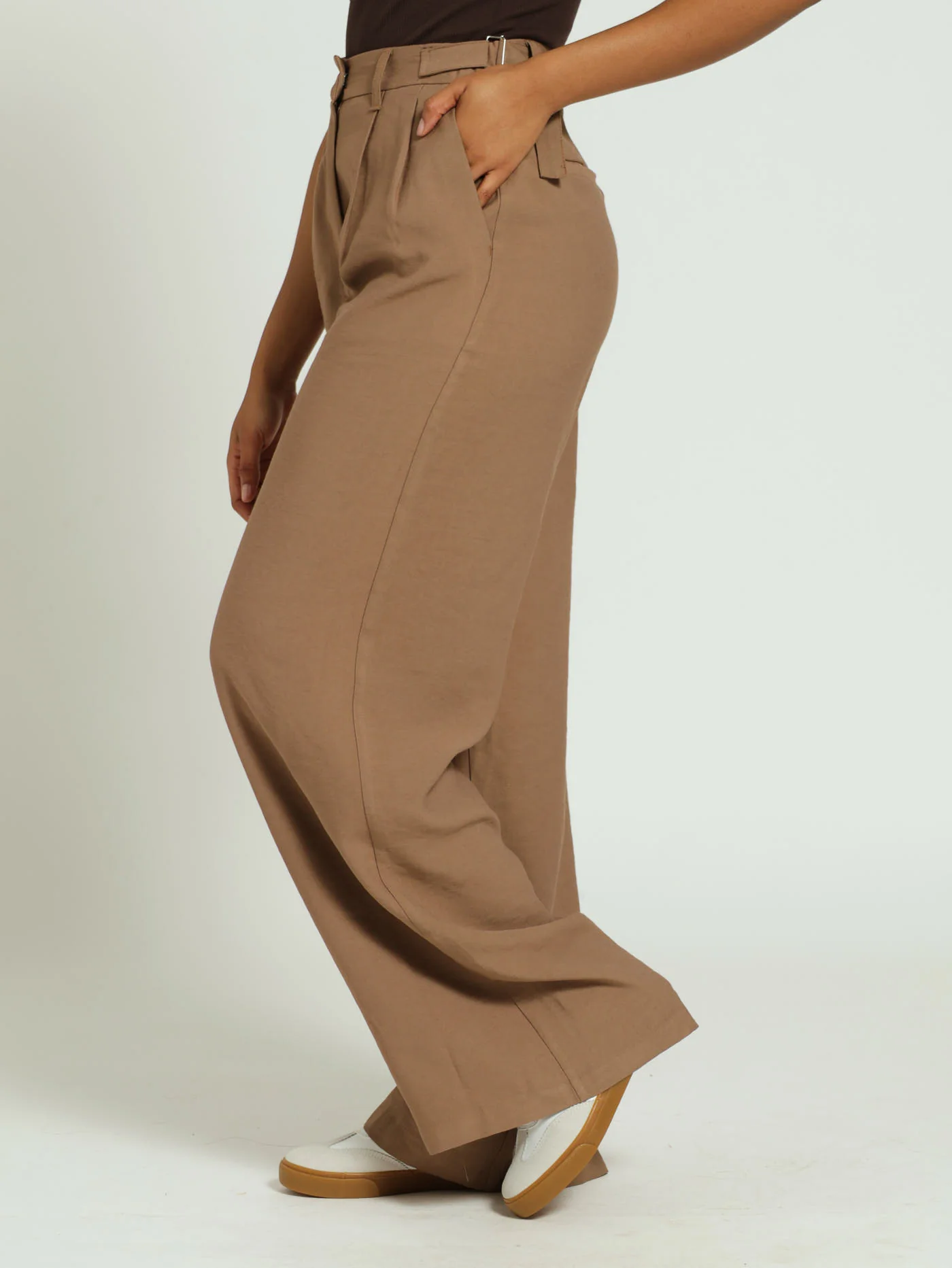 Wideleg Pants With Side Tab Detail - Camel - Image 2