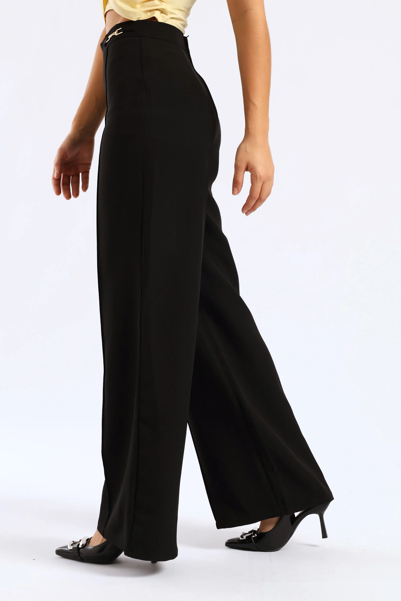 Wideleg Pants With Trim - Black - Image 3