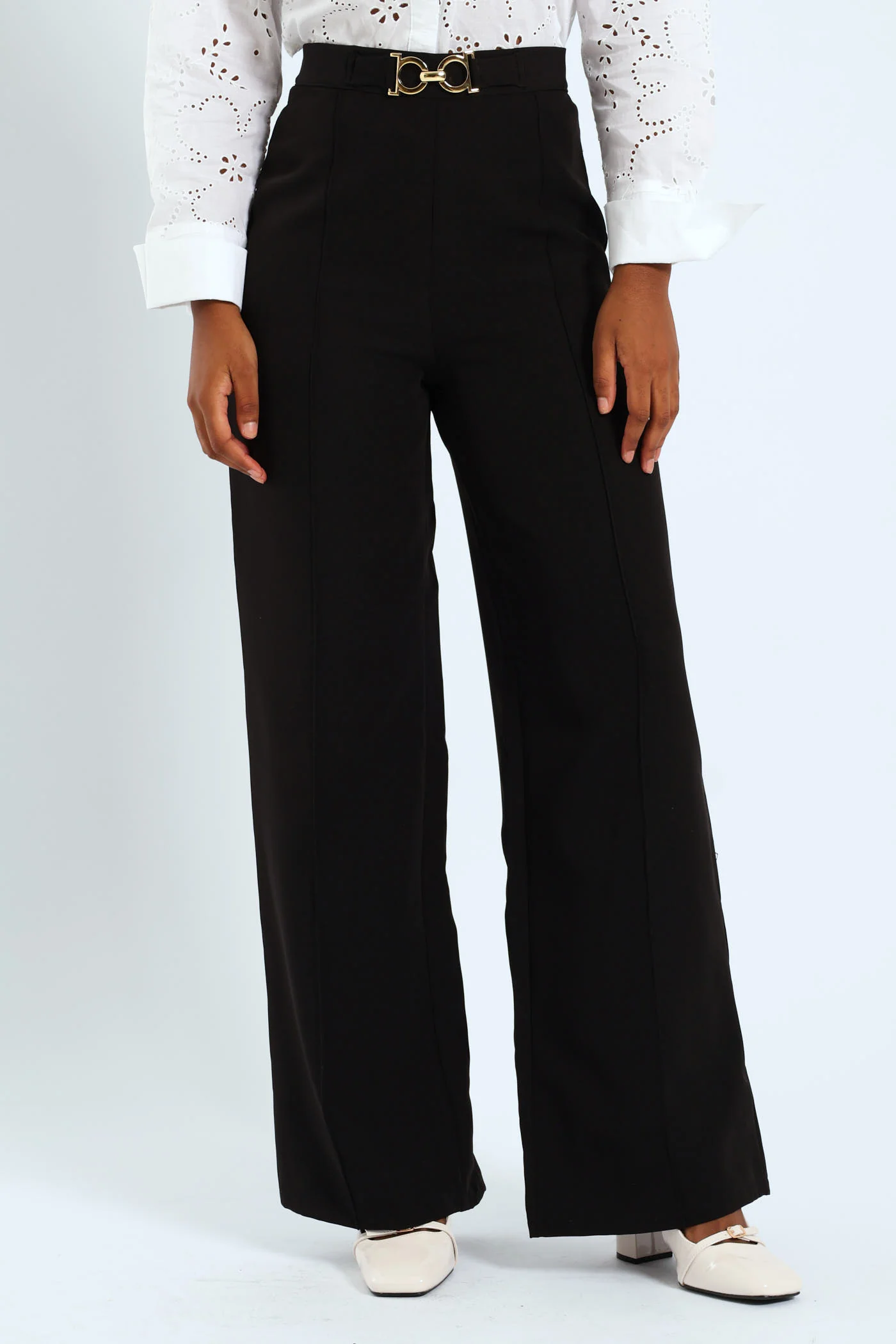 Wideleg Pants With Trim Detail - Black