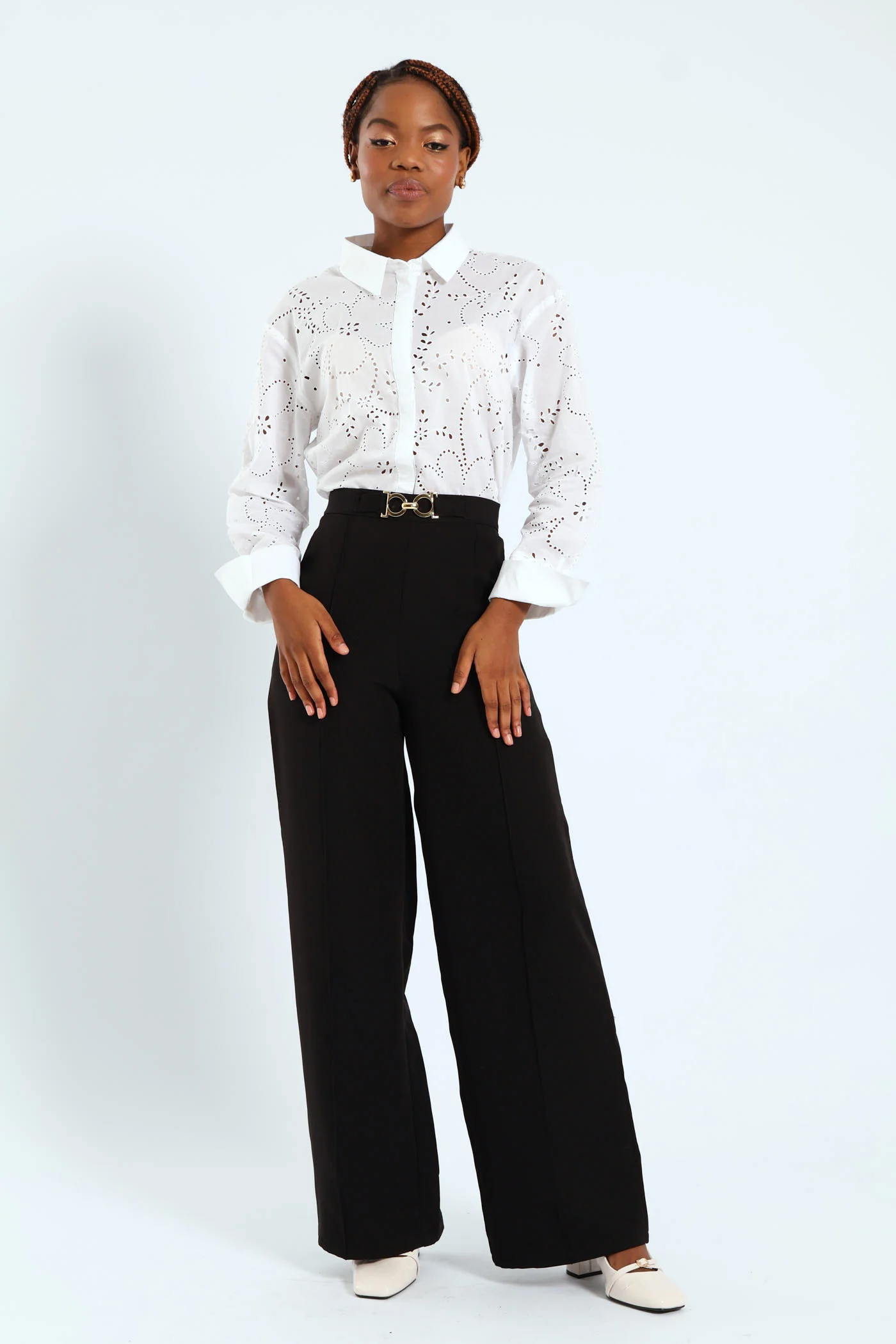 Wideleg Pants With Trim Detail - Black - Image 2