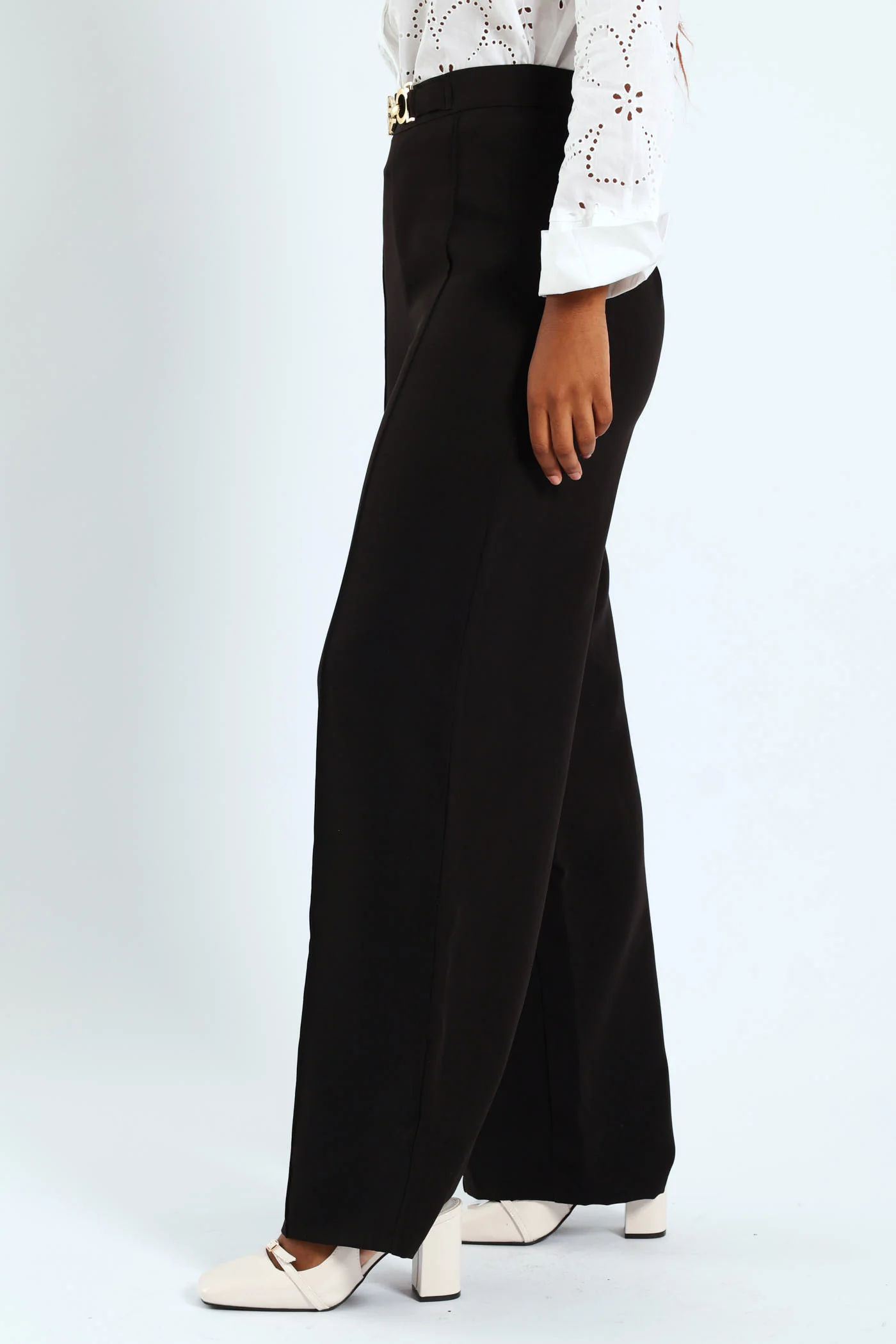 Wideleg Pants With Trim Detail - Black - Image 3