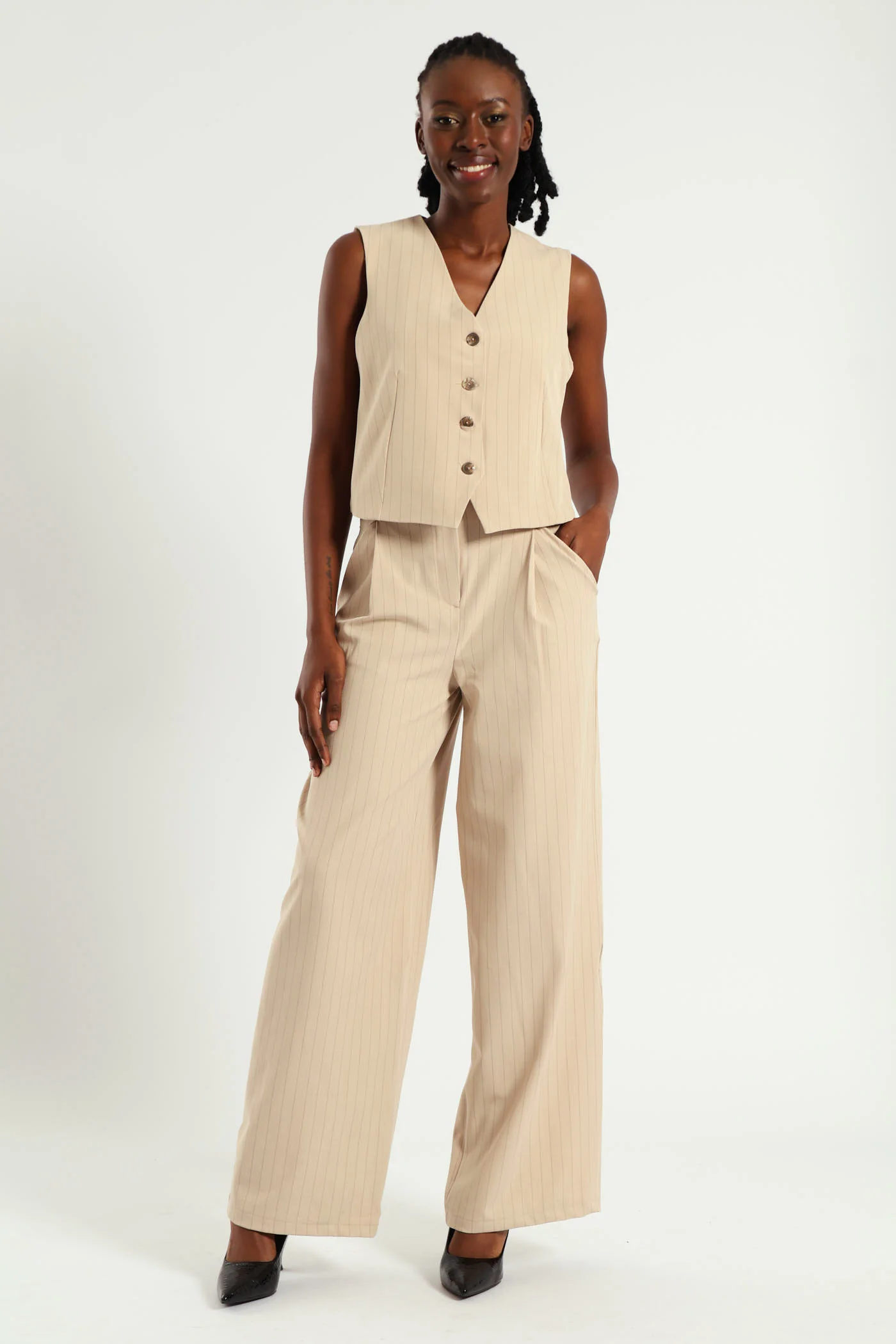 Wideleg Pinstripe Pants - Beige/Black - Image 2
