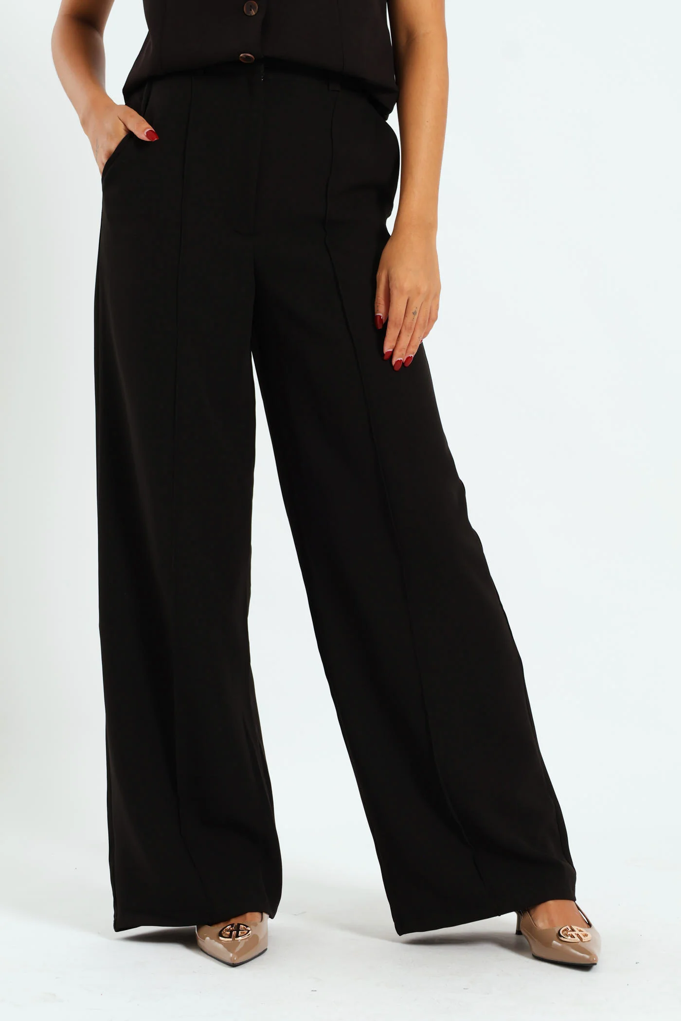 Wideleg Pintuck Pants - Black