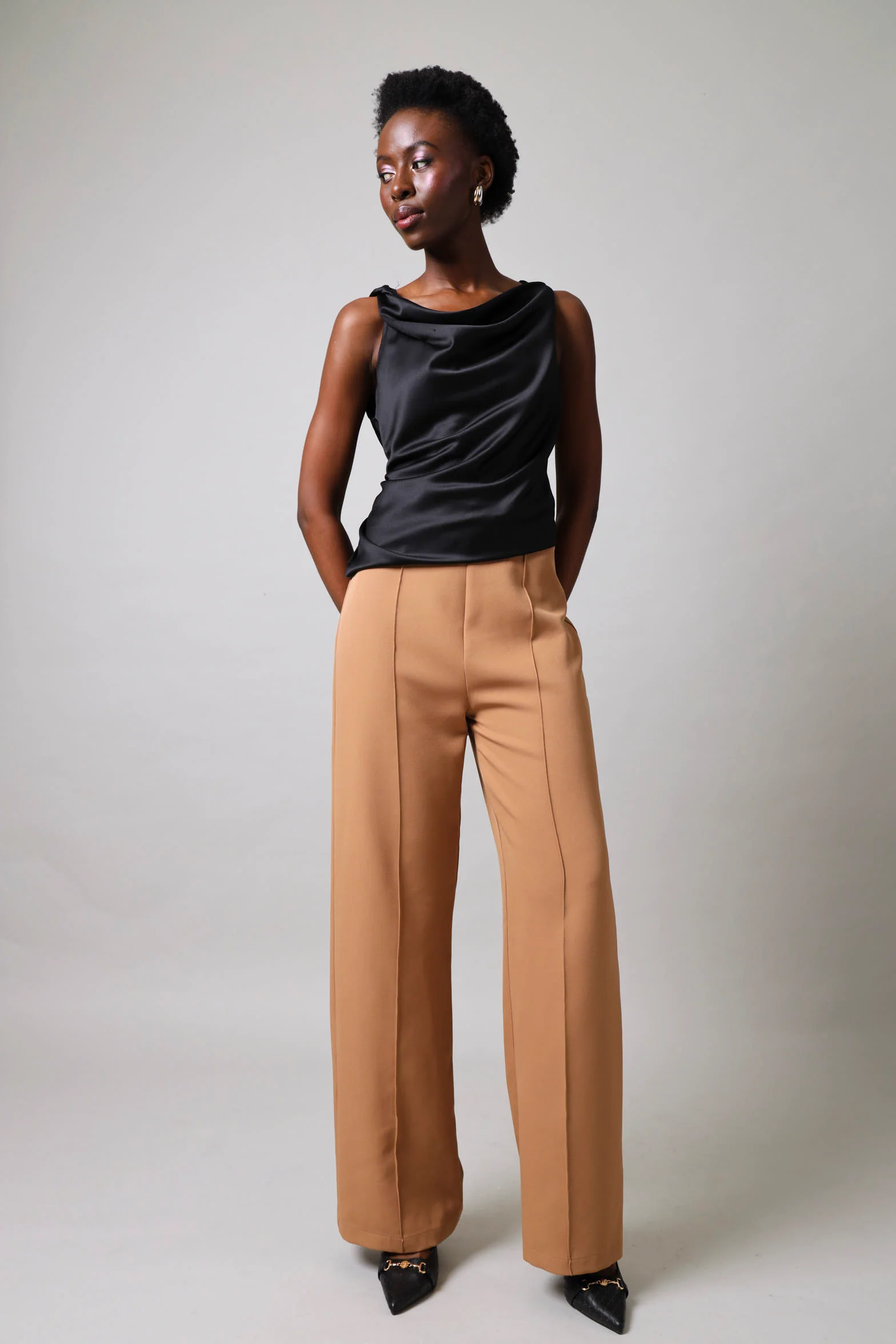 Wide leg Pintuck Pants - Tan
