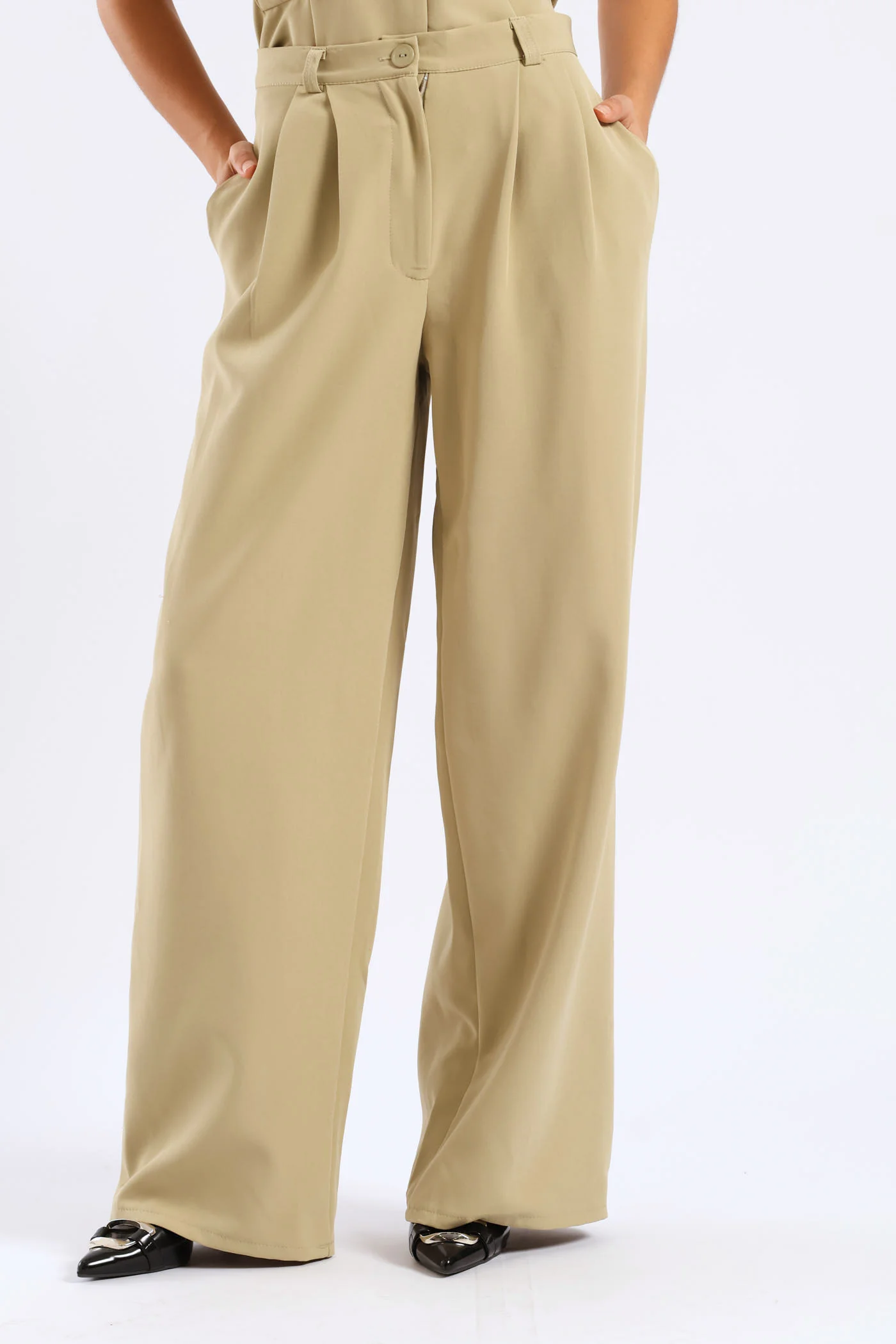 Wideleg Pleat Detail Pants - Sage