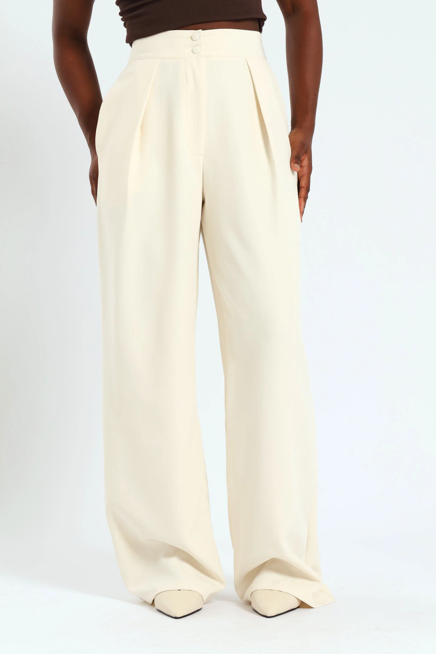 Wide Leg Pleat Detail Pants - White