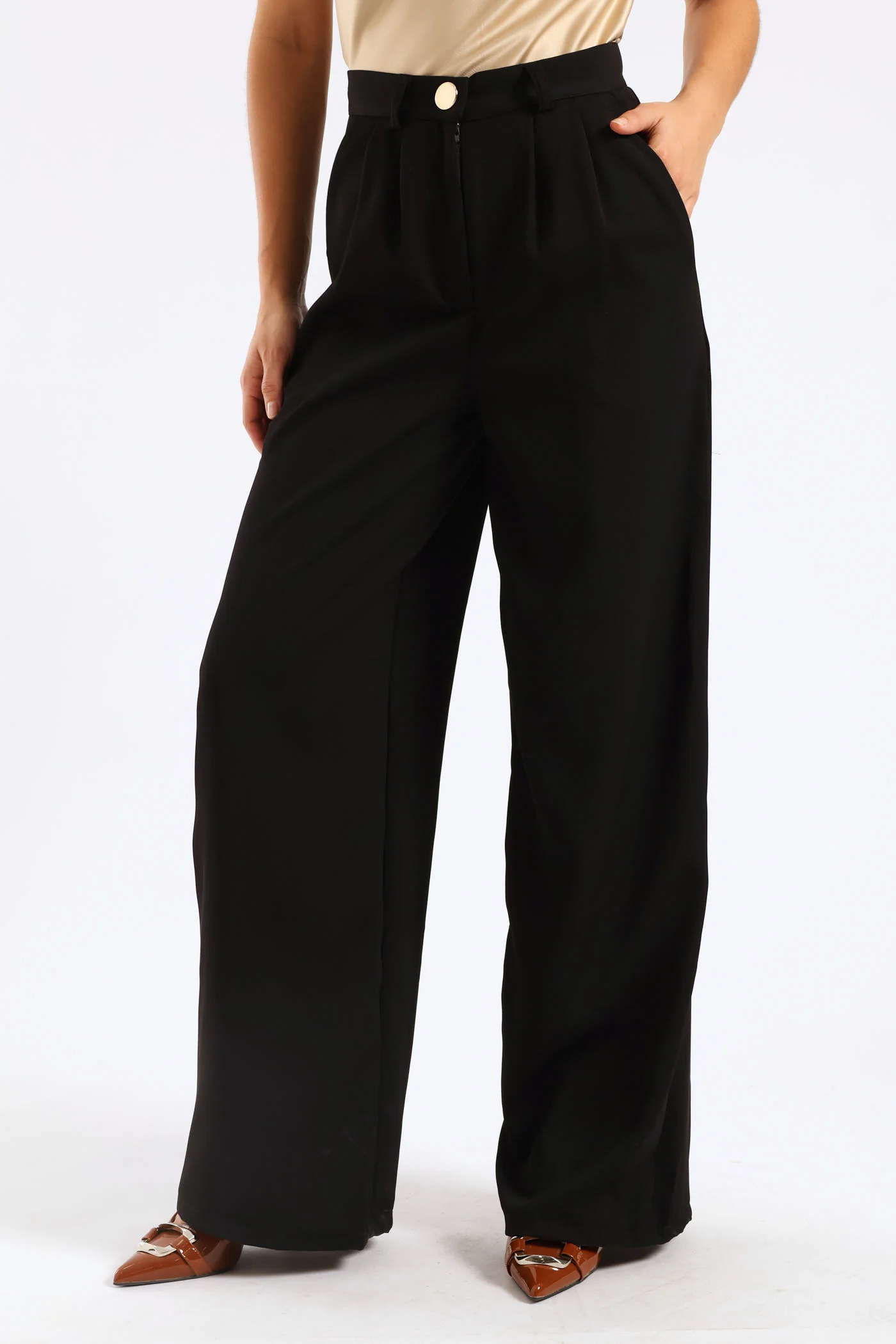 Wideleg Pressed Crease Pants - Black