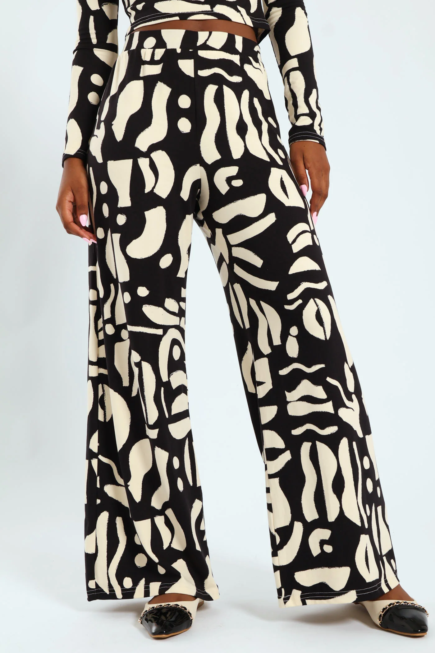 Wideleg Printed Pants - Beige/Black