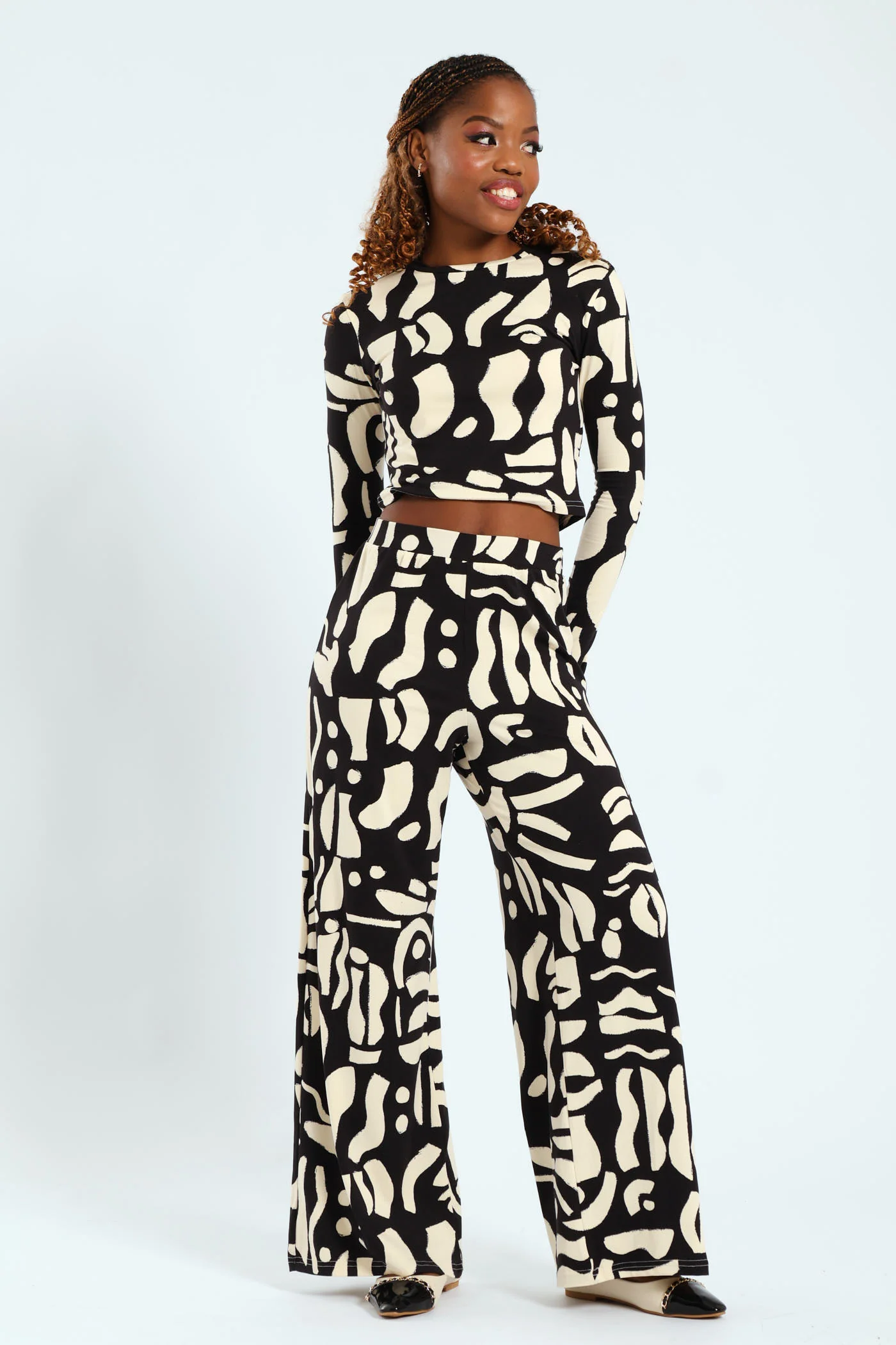 Wideleg Printed Pants - Beige/Black - Image 2