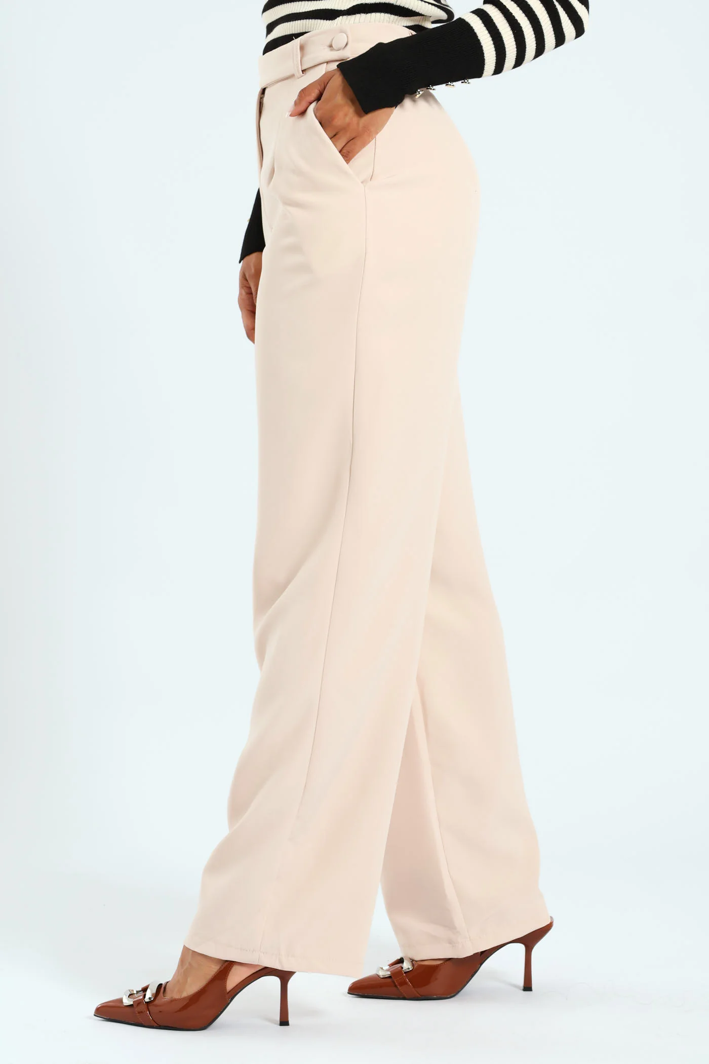 Wideleg Single Button Detail Tailored Pants - Beige - Image 3