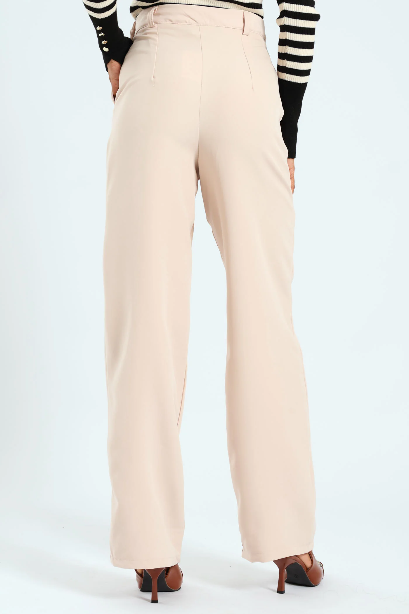 Wideleg Single Button Detail Tailored Pants - Beige - Image 6