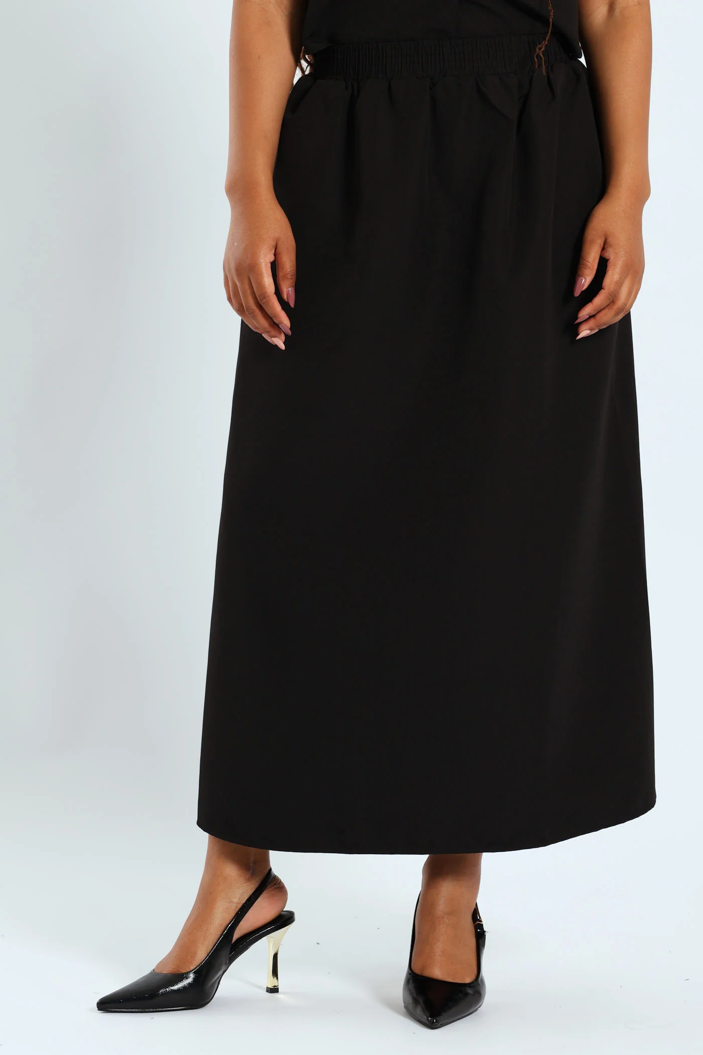 Woven Flared Midi Skirt - Black