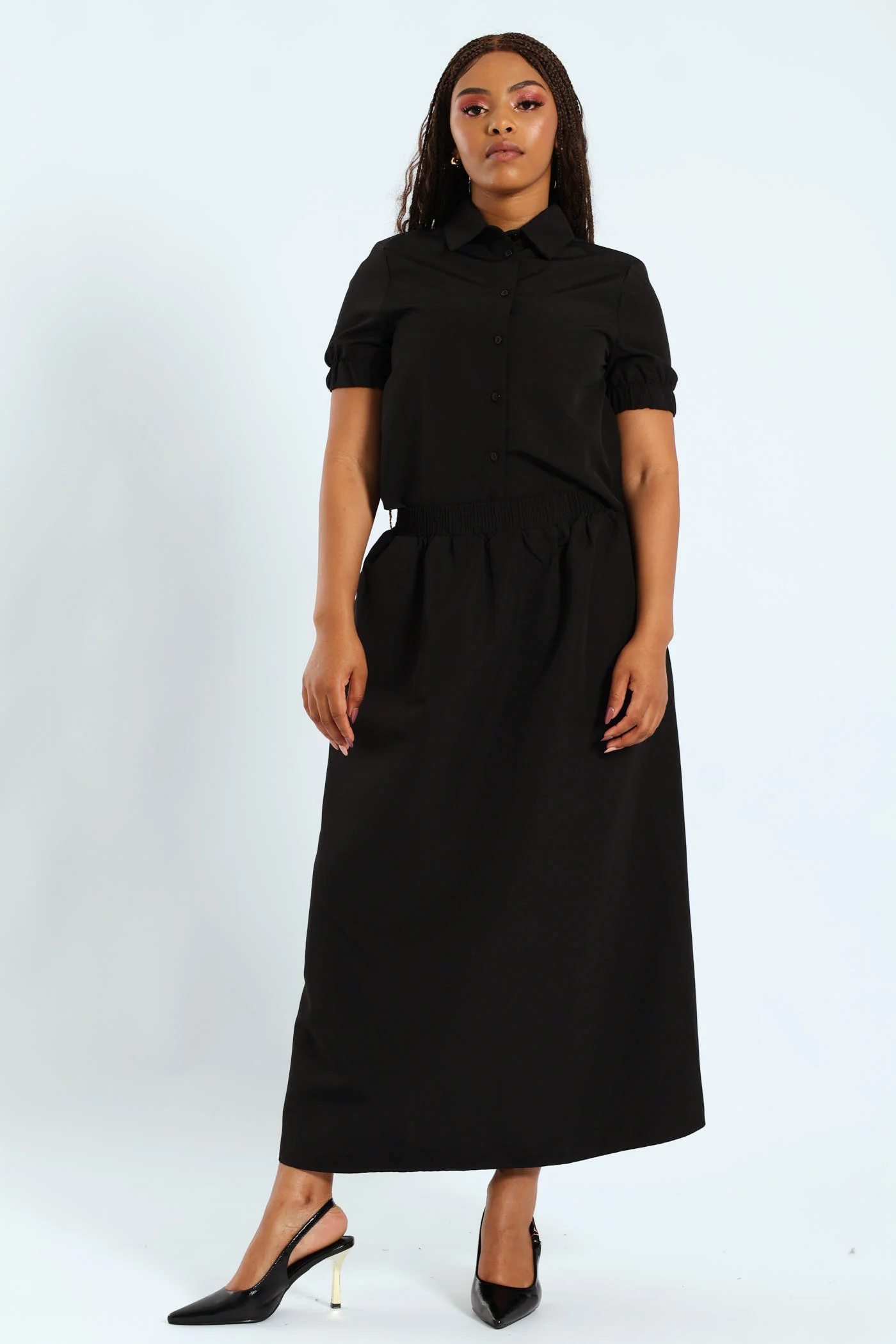 Woven Flared Midi Skirt - Black - Image 2