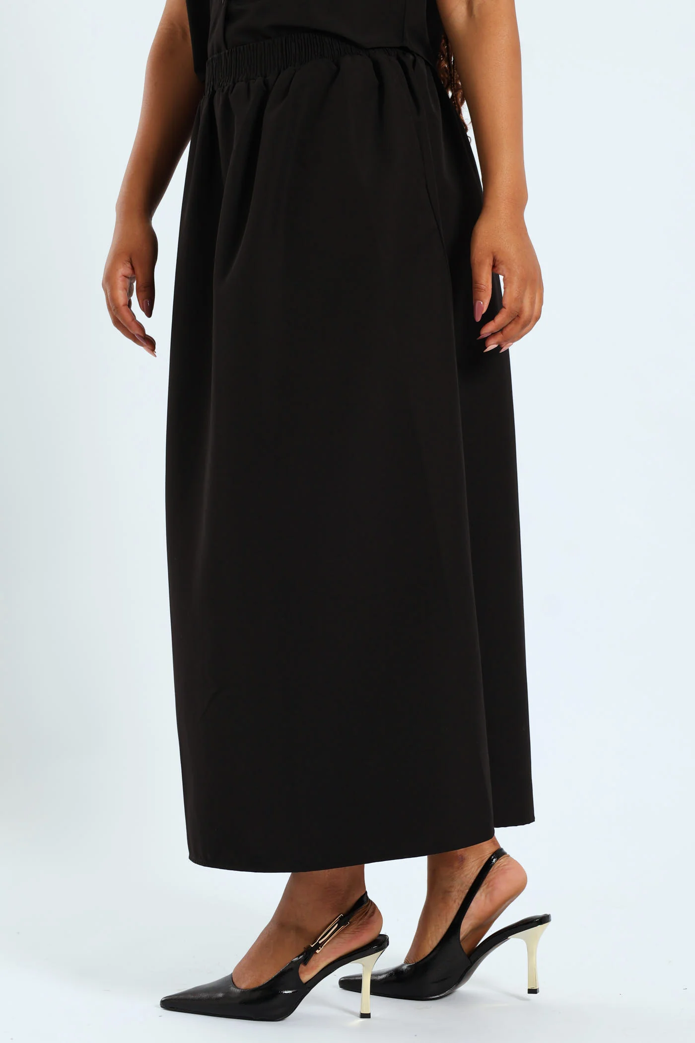 Woven Flared Midi Skirt - Black - Image 3