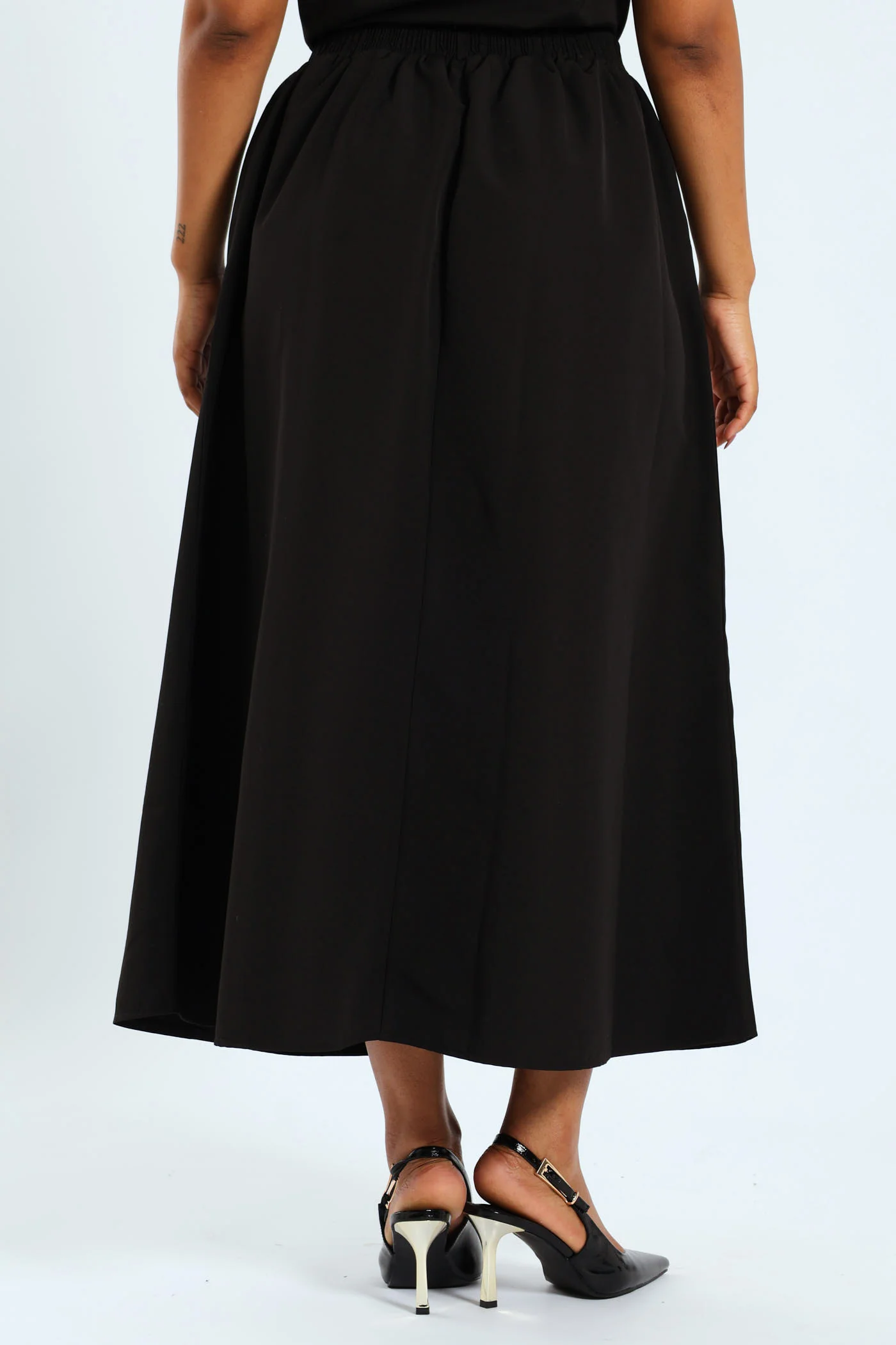 Woven Flared Midi Skirt - Black - Image 4