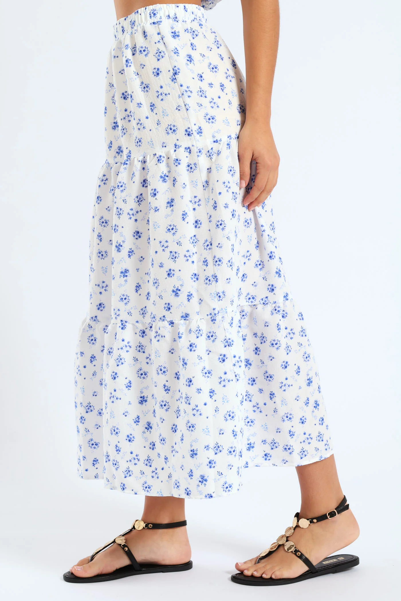 Woven Midi Skirt - White/Blue - Image 4