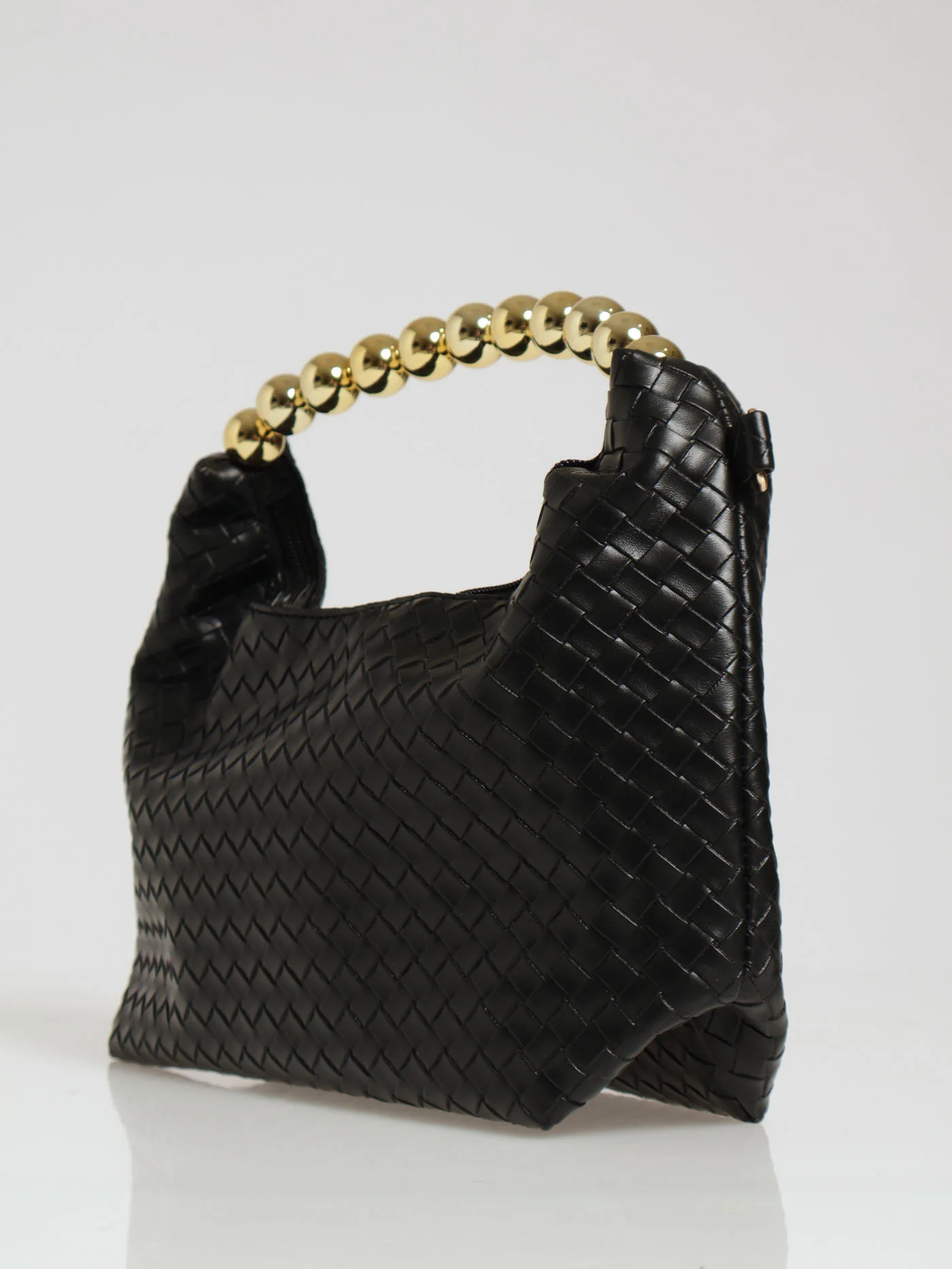 Woven Pu Large Ball Handle Baguette Bag - Black - Image 2