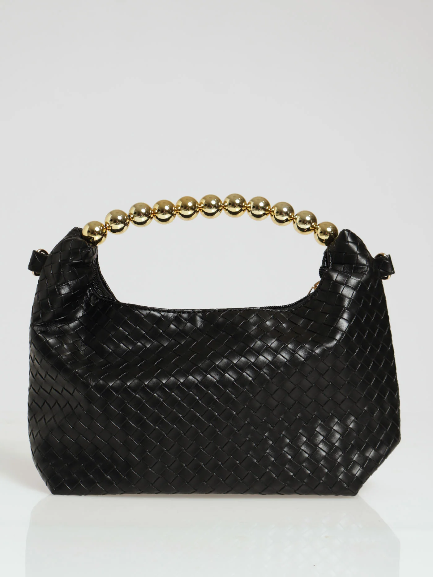 Woven Pu Large Ball Handle Baguette Bag - Black - Image 3
