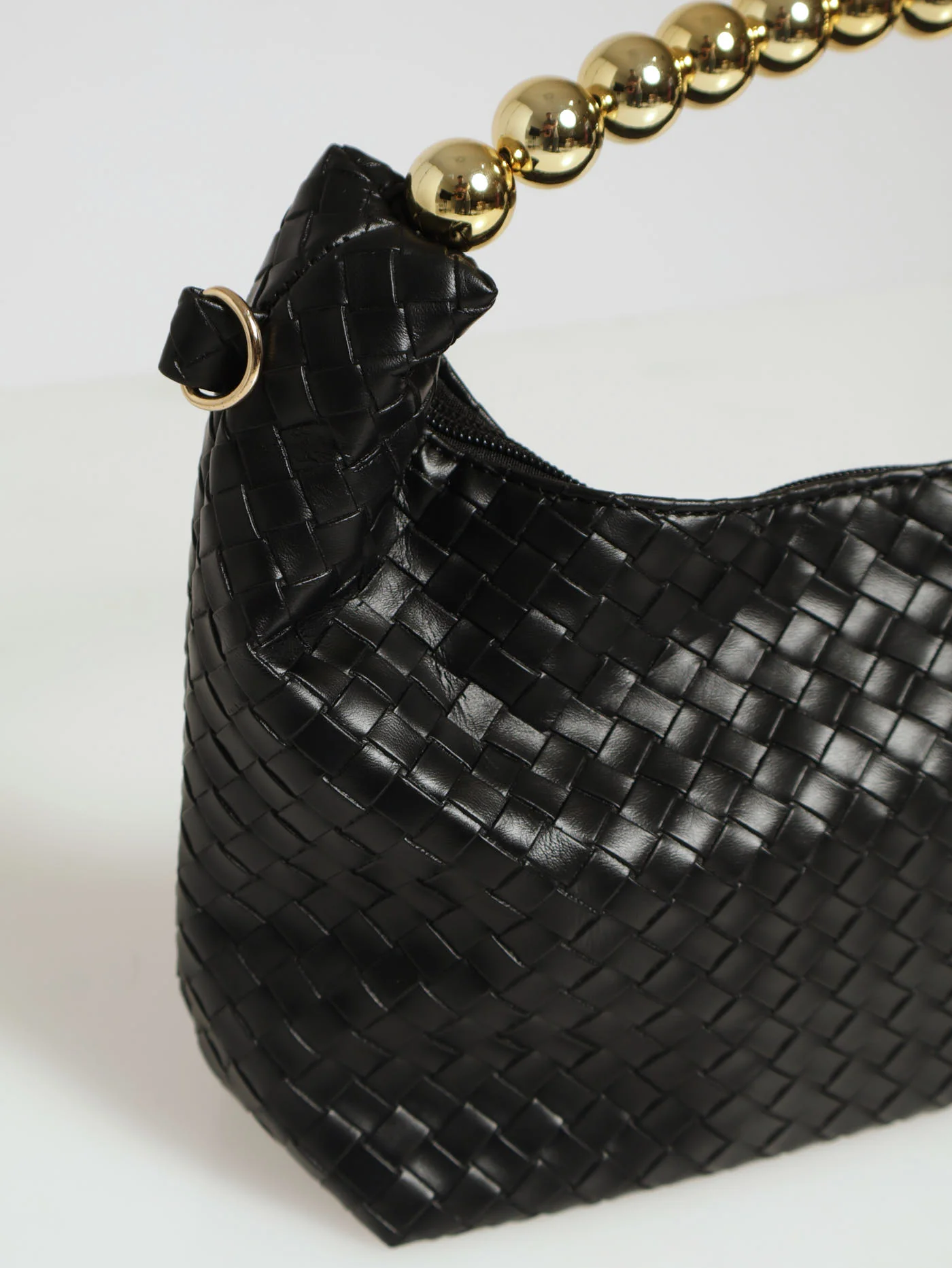 Woven Pu Large Ball Handle Baguette Bag - Black - Image 4