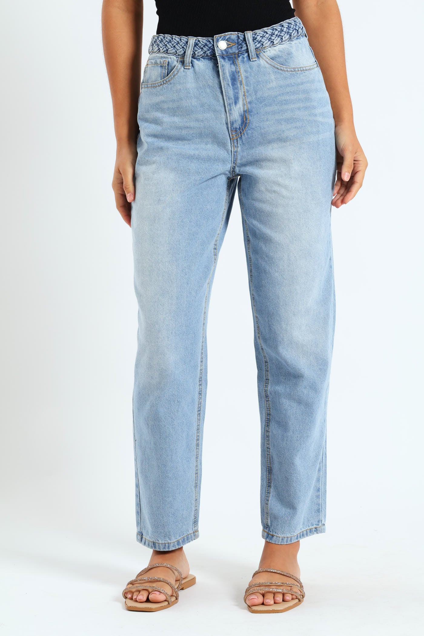 Woven Waist Mom Jean - Light Wash