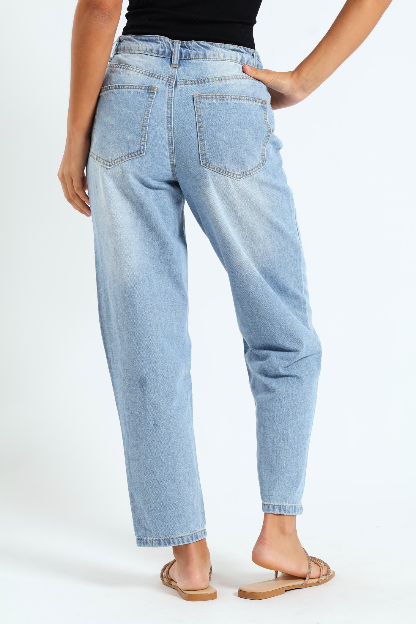 Woven Waist Mom Jean - Light Wash - Image 2