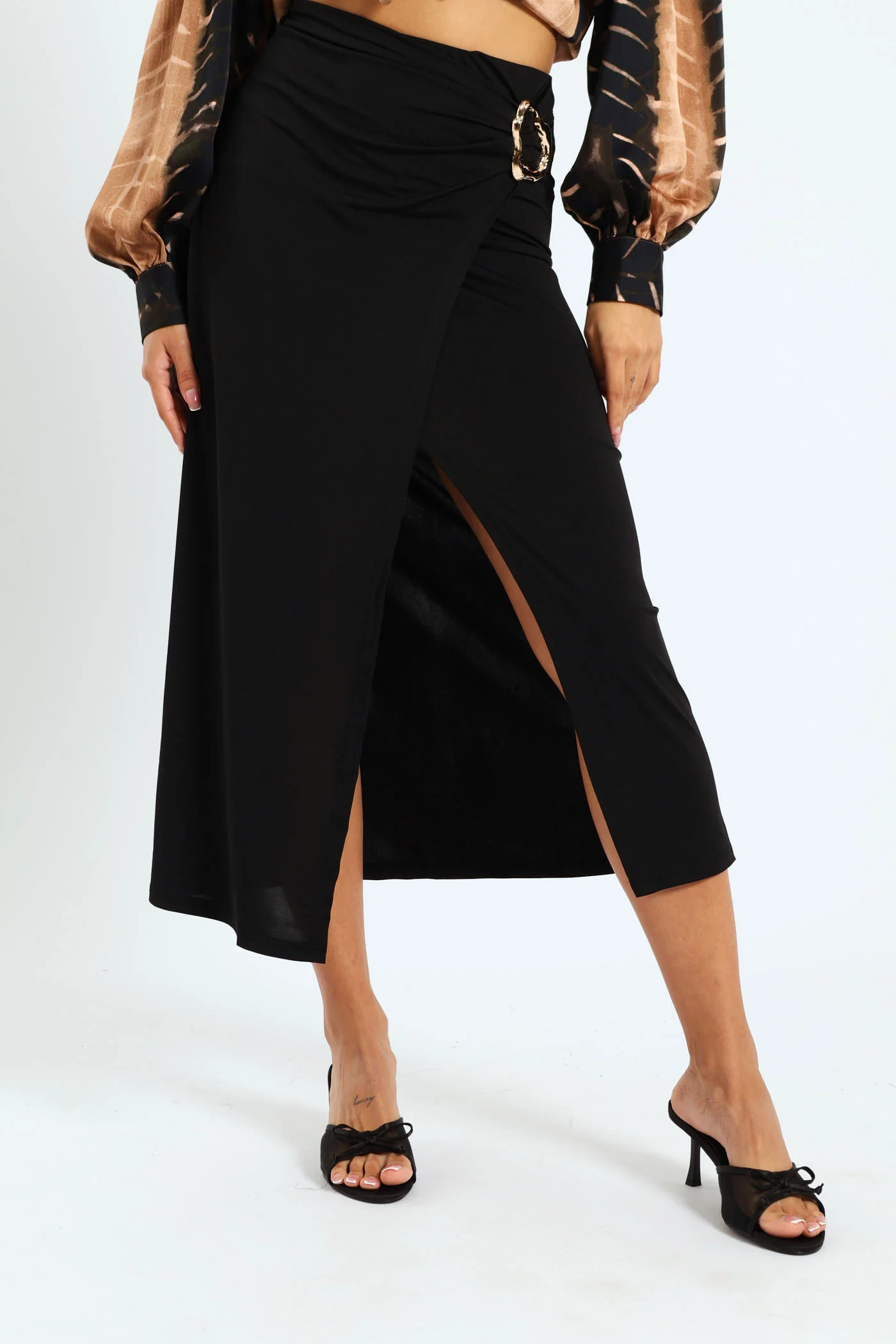 Wrap Buckle Slinky Skirt - Black - Image 3