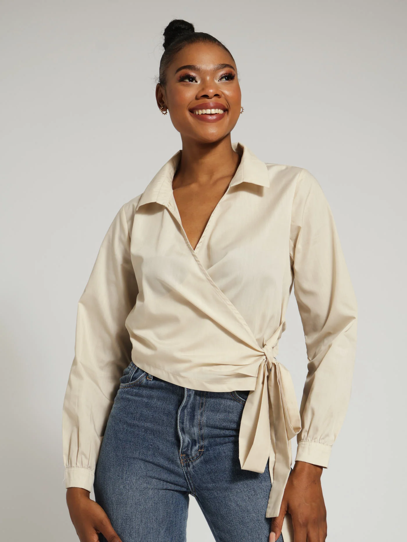 Wrap Detail Poplin Top - Beige