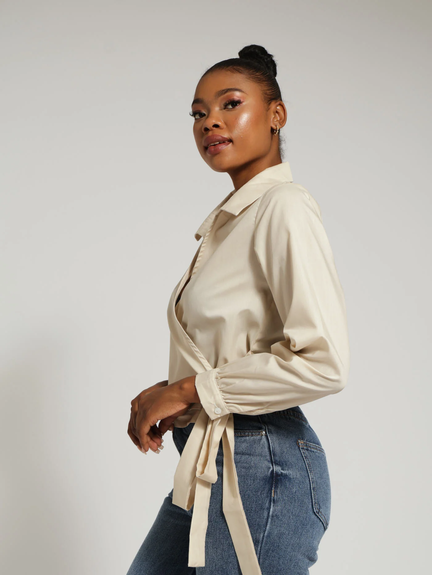 Wrap Detail Poplin Top - Beige - Image 3