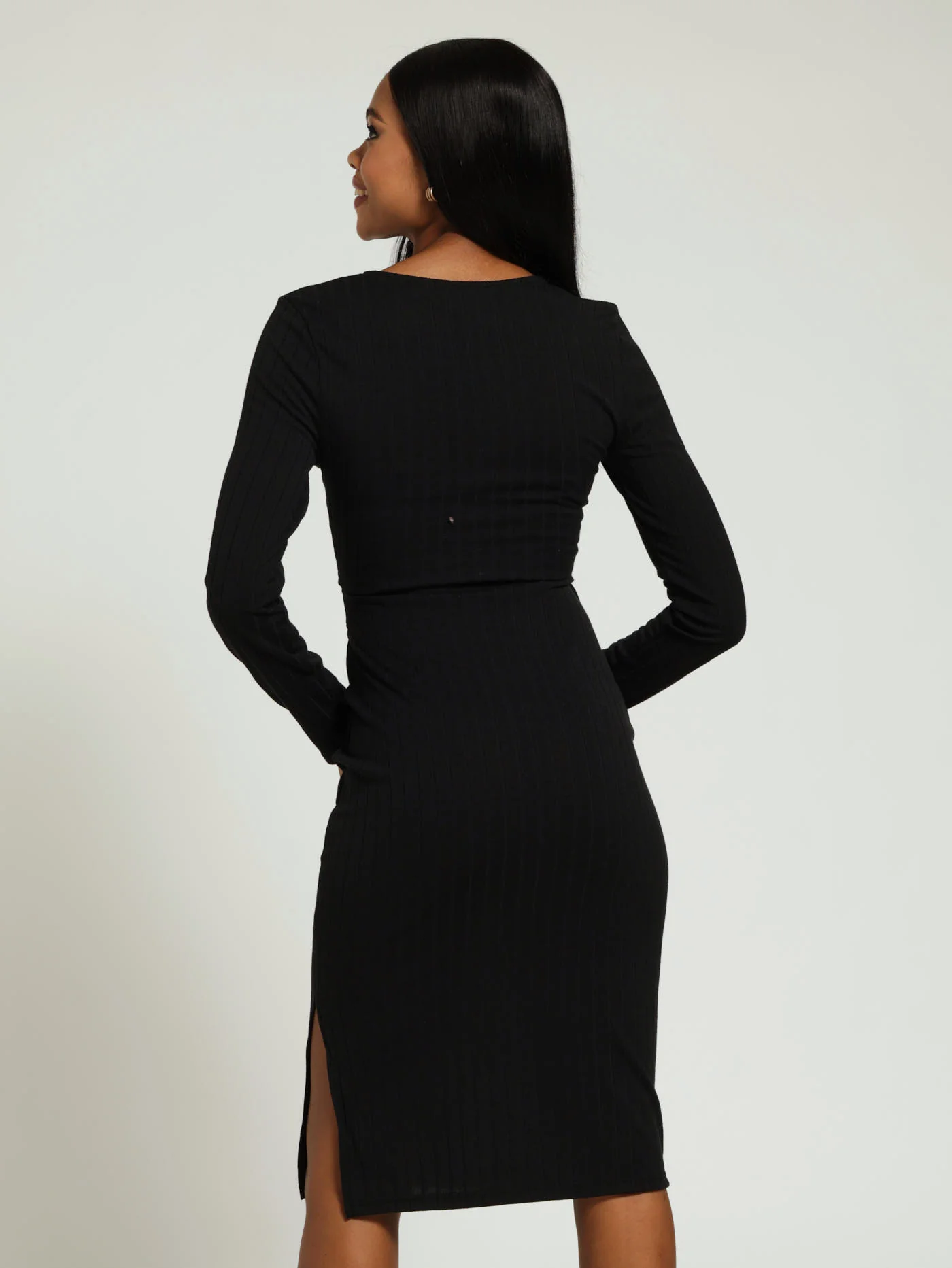Wrap Ribbed Bodycon Dress - Black - Image 3