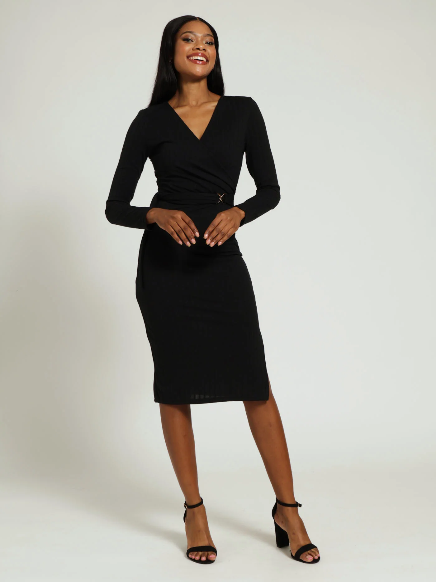 Wrap Ribbed Bodycon Dress - Black - Image 4